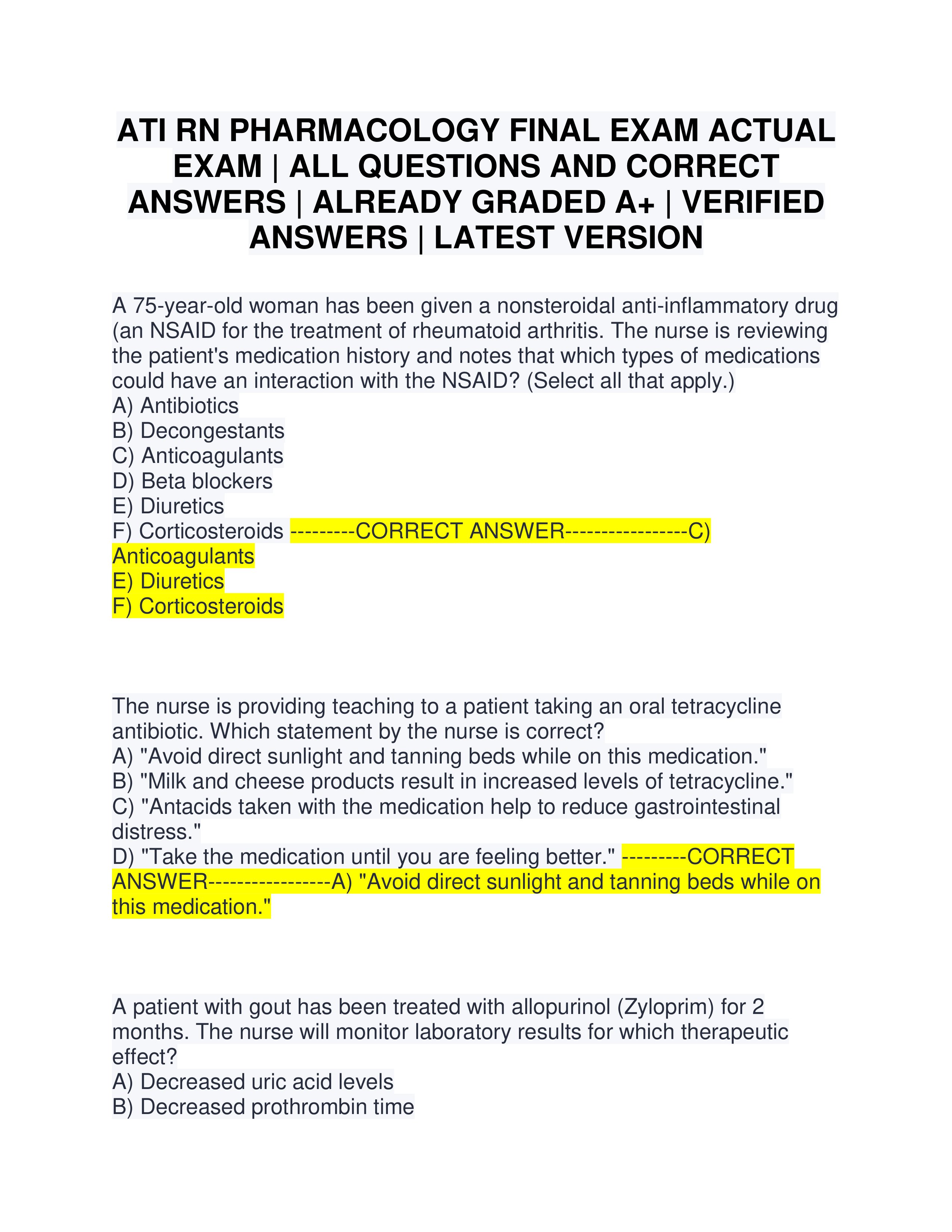 Preview page 1 of ATI RN PHARMACOLOGY FINAL EXAM ACTUAL EXAM | ALL QUESTIONS AND CORRECT ANSWERS | ALREADY GRADED A+ | VERIFIED ANSWERS | LATEST VERSION