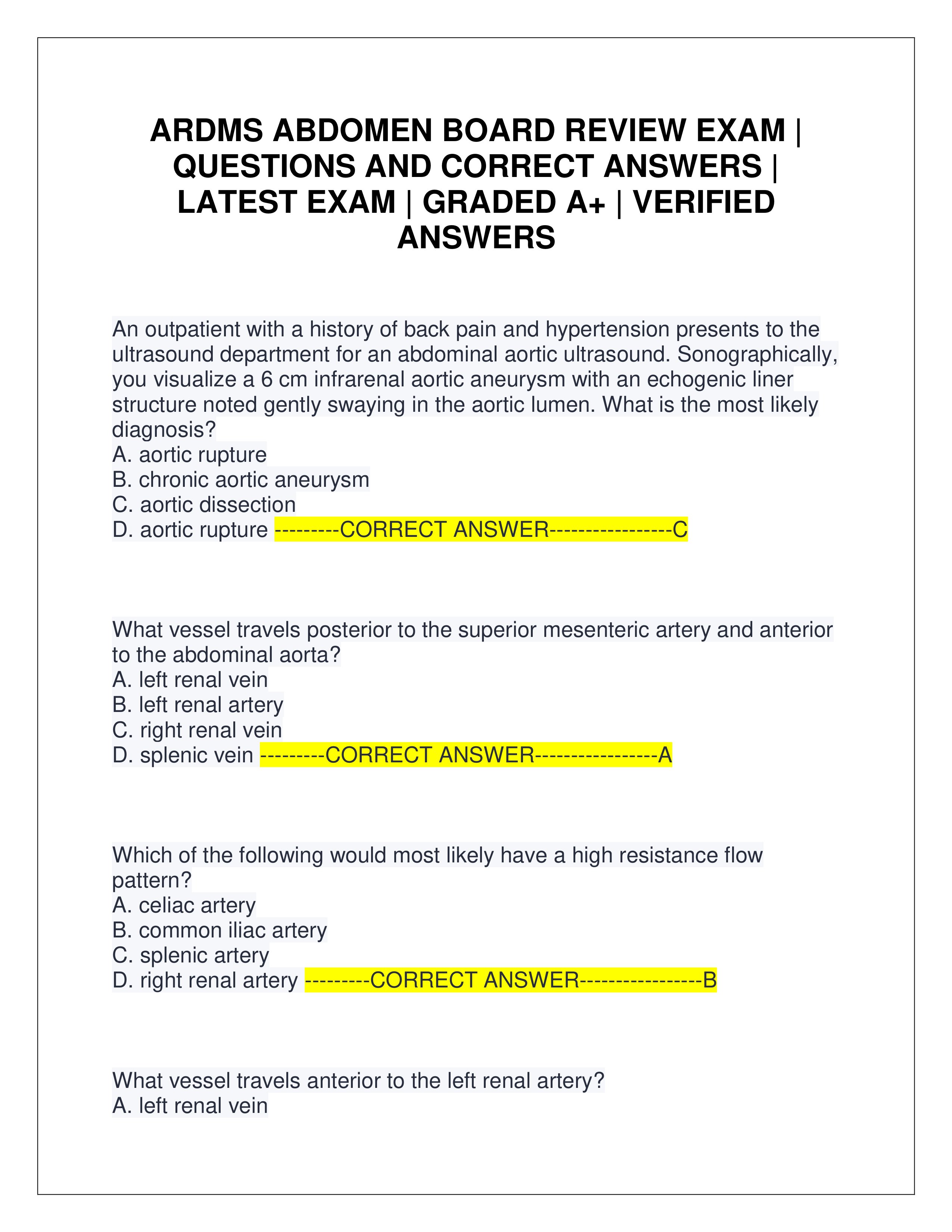 Preview page 1 of ARDMS ABDOMEN BOARD REVIEW EXAM | QUESTIONS AND CORRECT ANSWERS | LATEST EXAM | GRADED A+ | VERIFIED ANSWERS