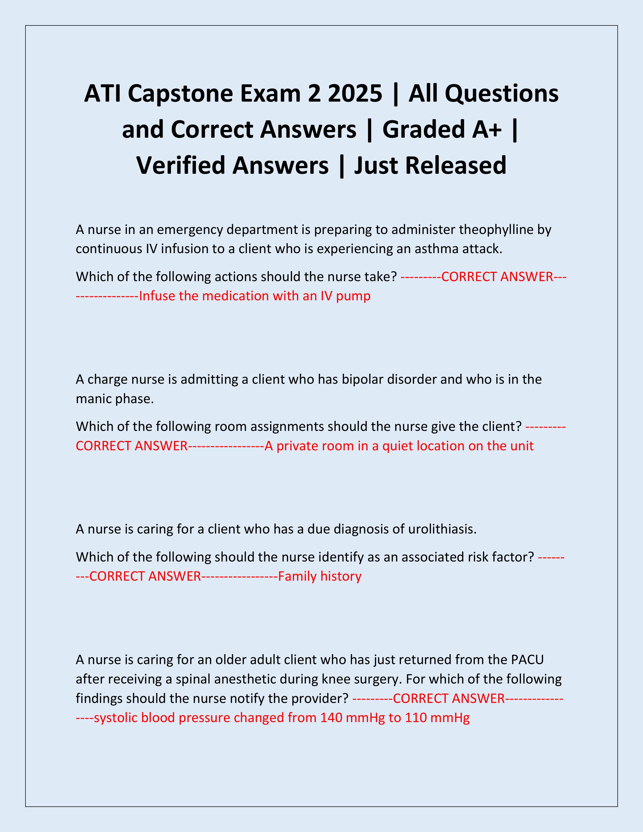 Preview page 1 of ATI Capstone Exam 2 2025 | All Questions and Correct Answers | Graded A+ | Verified Answers | Just Released