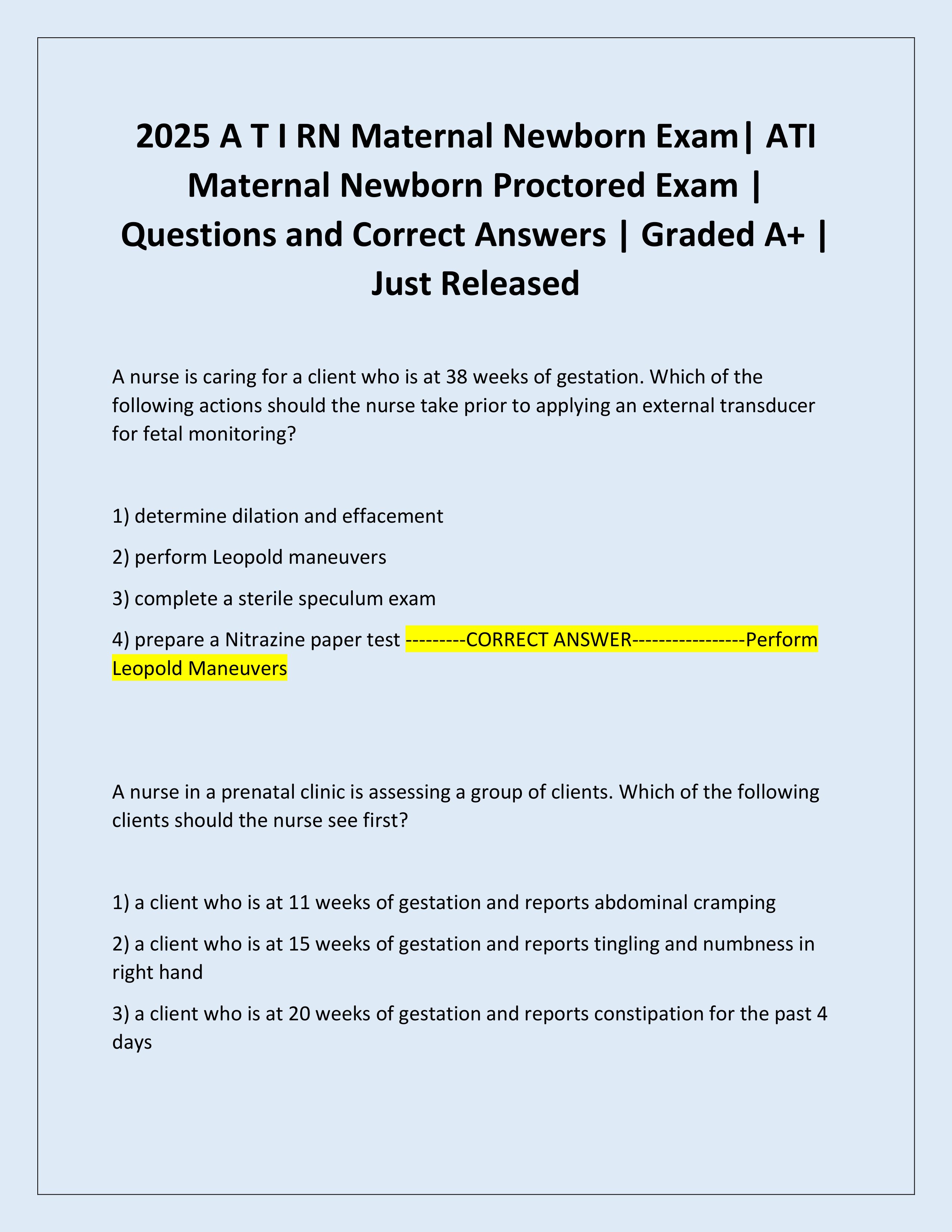 Preview page 1 of 2025 A T I RN Maternal Newborn Exam| ATI Maternal Newborn Proctored Exam | Questions and Correct Answers | Graded A+ | Just Released