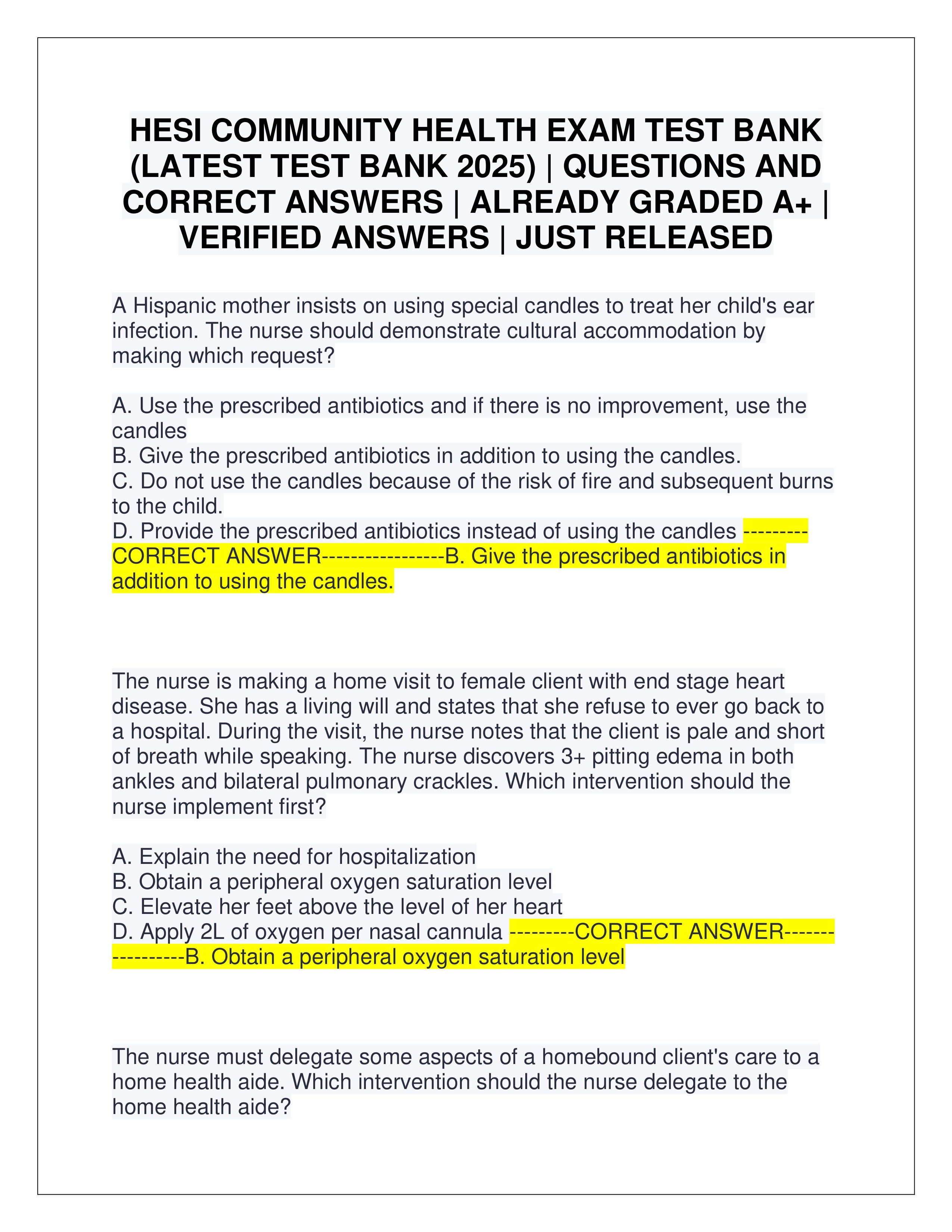 Preview page 1 of HESI COMMUNITY HEALTH EXAM TEST BANK (LATEST TEST BANK 2025) | QUESTIONS AND CORRECT ANSWERS | ALREADY GRADED A+ | VERIFIED ANSWERS | JUST RELEASED