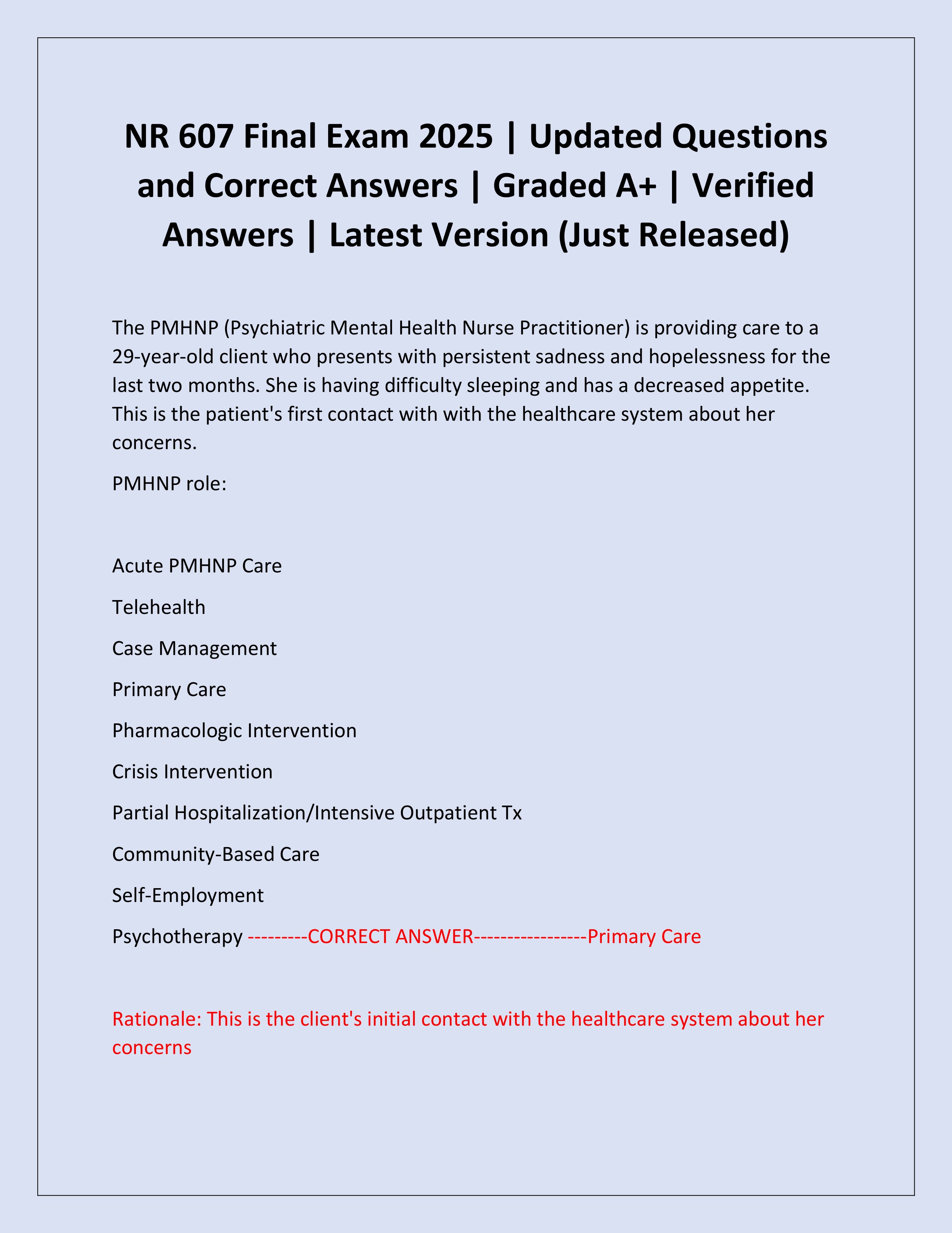 Preview page 1 of NR 607 Final Exam 2025 | Updated Questions and Correct Answers | Graded A+ | Verified Answers | Latest Version (Just Released)