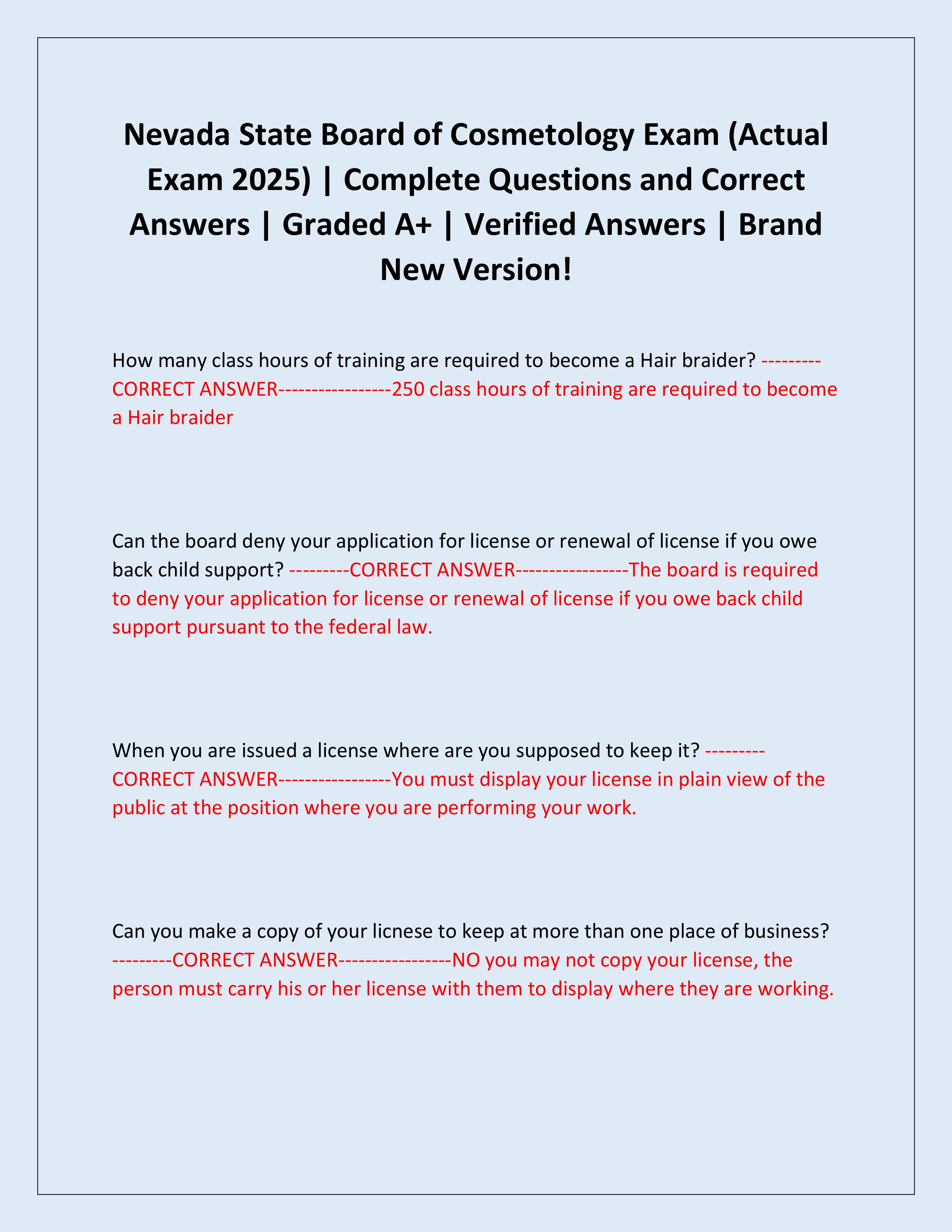 Preview page 1 of Nevada State Board of Cosmetology Exam (Actual Exam 2025) | Complete Questions and Correct Answers | Graded A+ | Verified Answers | Brand New Version!