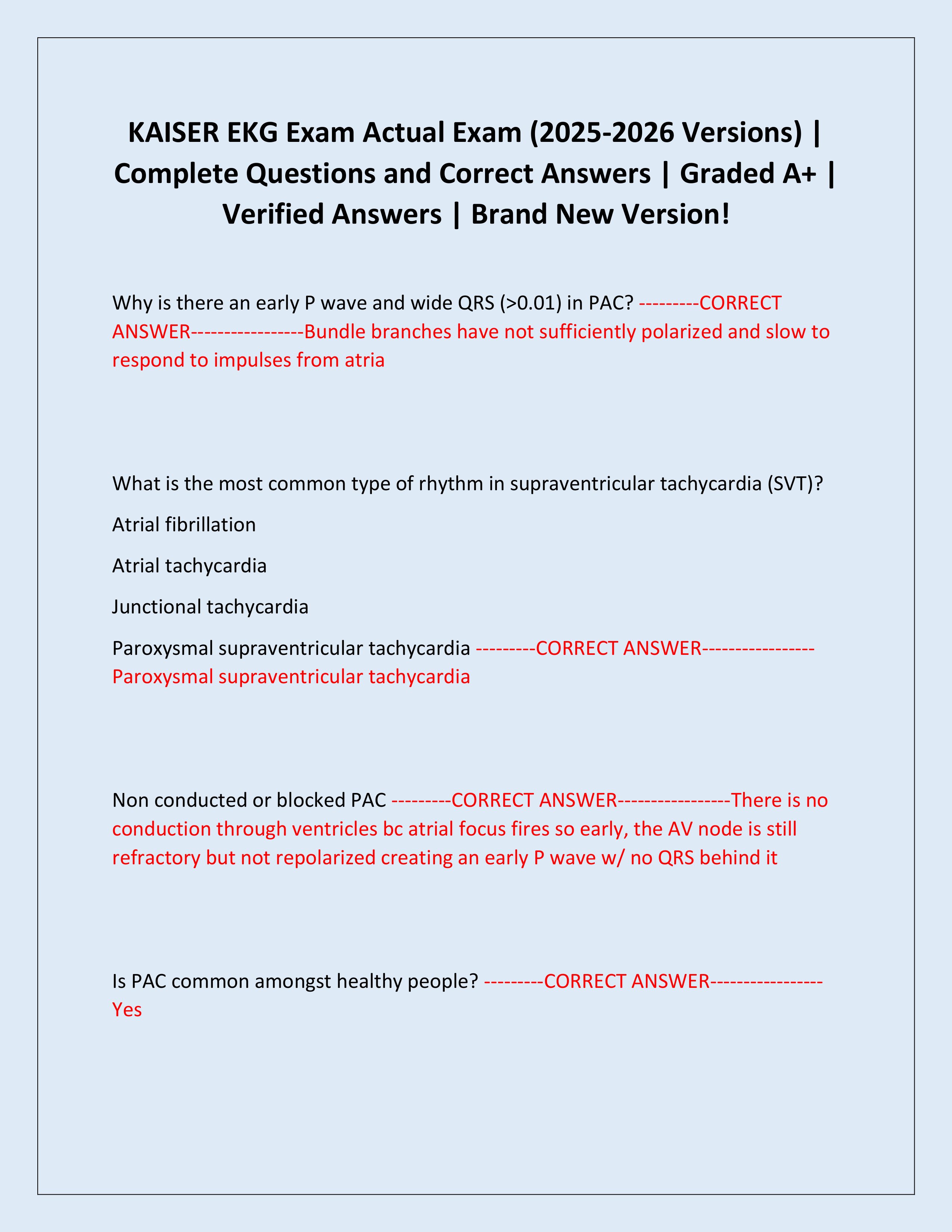 Preview page 1 of KAISER EKG Exam Actual Exam (2025-2026 Versions) | Complete Questions and Correct Answers | Graded A+ | Verified Answers | Brand New Version!