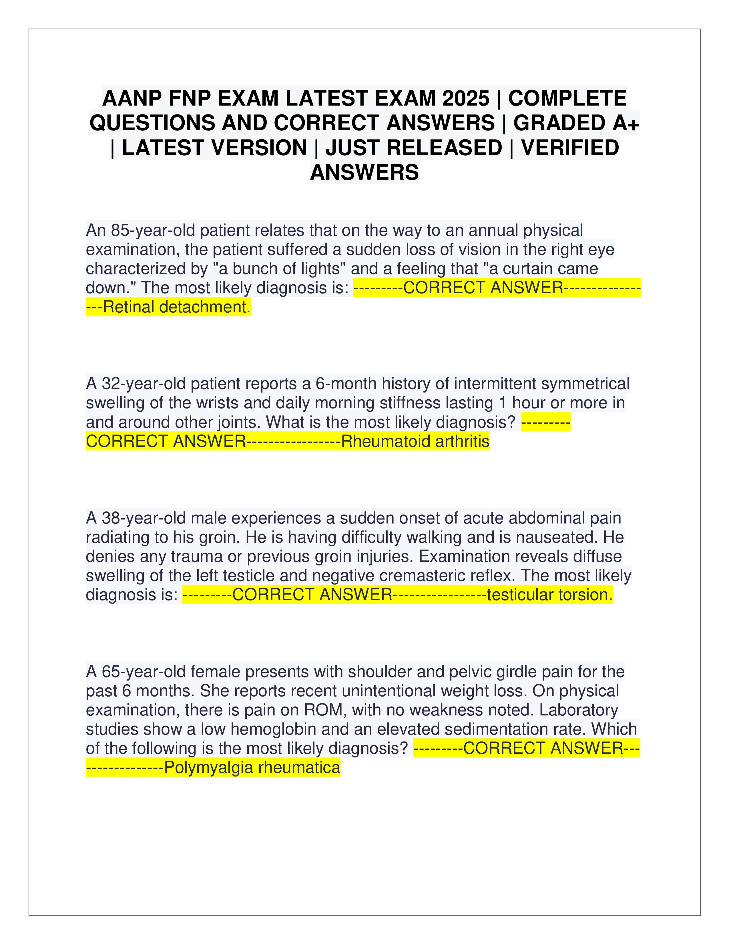 Preview page 1 of AANP FNP EXAM LATEST EXAM 2025 | COMPLETE QUESTIONS AND CORRECT ANSWERS | GRADED A+ | LATEST VERSION | JUST RELEASED | VERIFIED ANSWERS