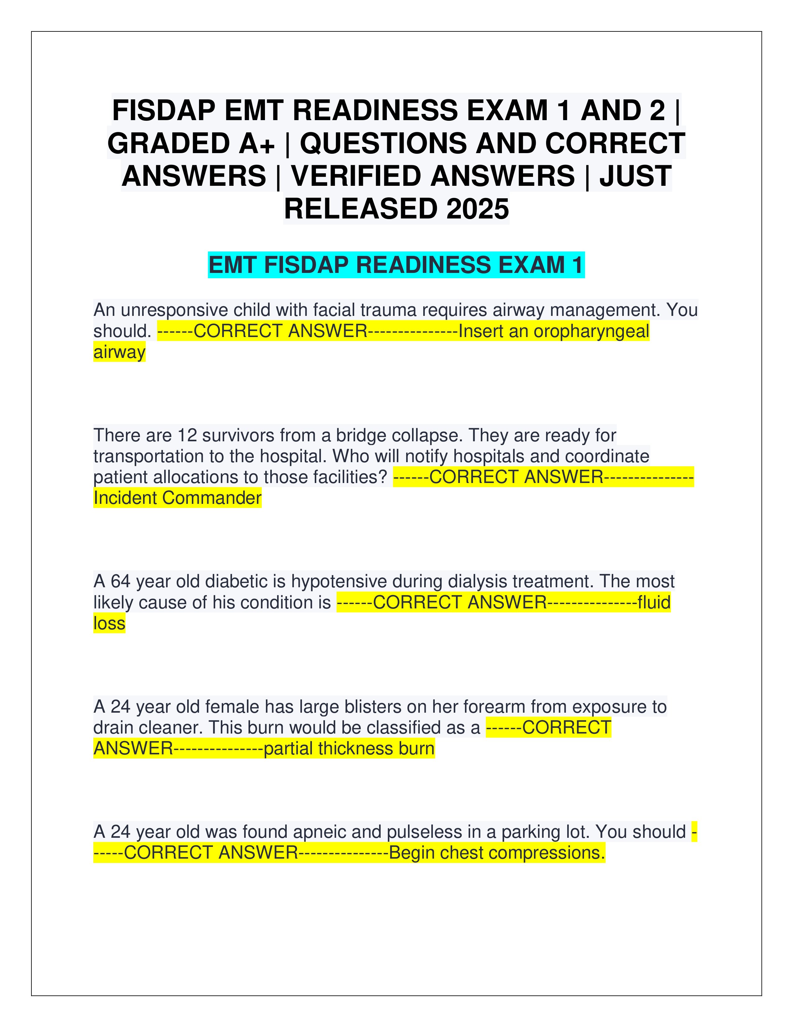 Preview page 1 of FISDAP EMT READINESS EXAM 1 AND 2 | GRADED A+ | QUESTIONS AND CORRECT ANSWERS | VERIFIED ANSWERS | JUST RELEASED 2025