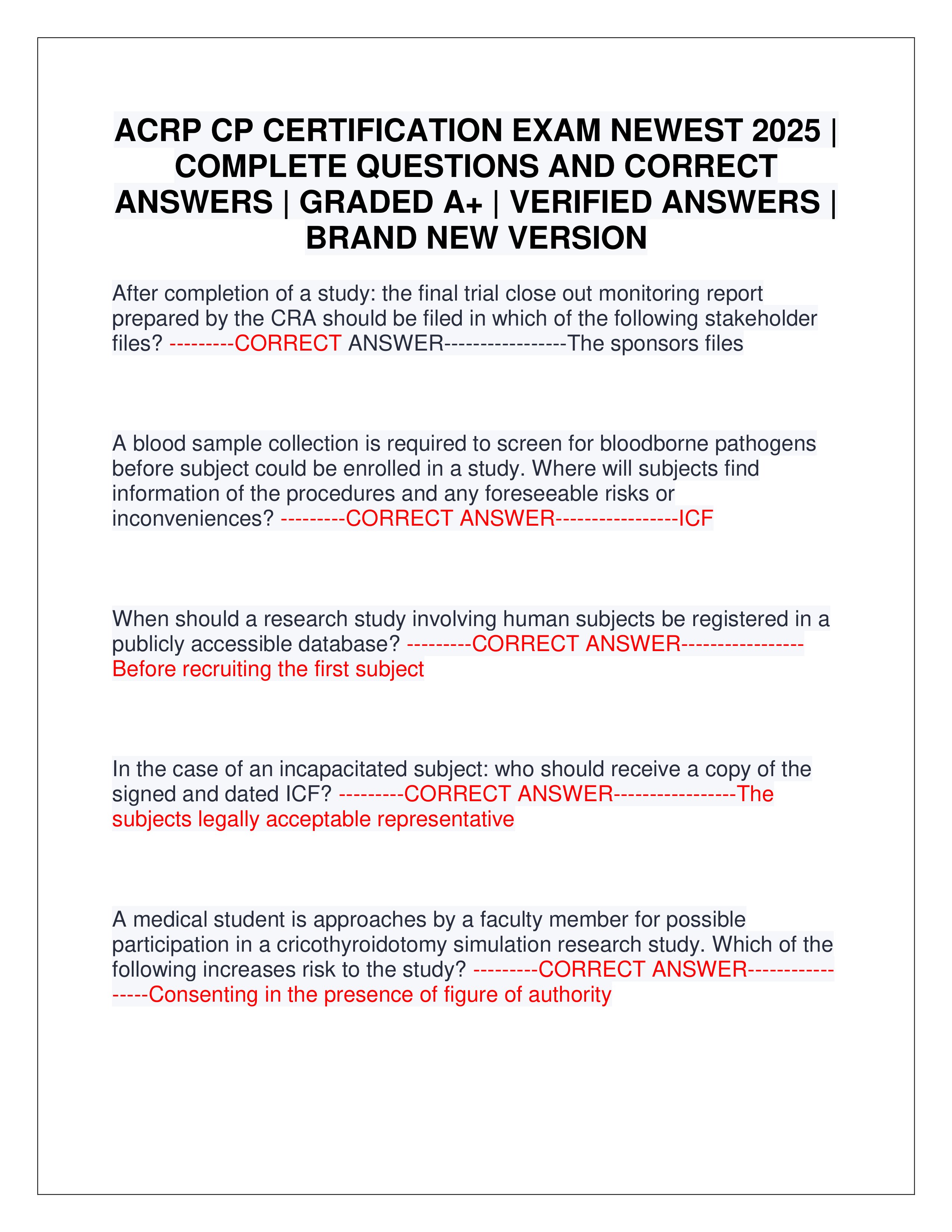 Preview page 1 of ACRP CP CERTIFICATION EXAM NEWEST 2025 | COMPLETE QUESTIONS AND CORRECT ANSWERS | GRADED A+ | VERIFIED ANSWERS | BRAND NEW VERSION