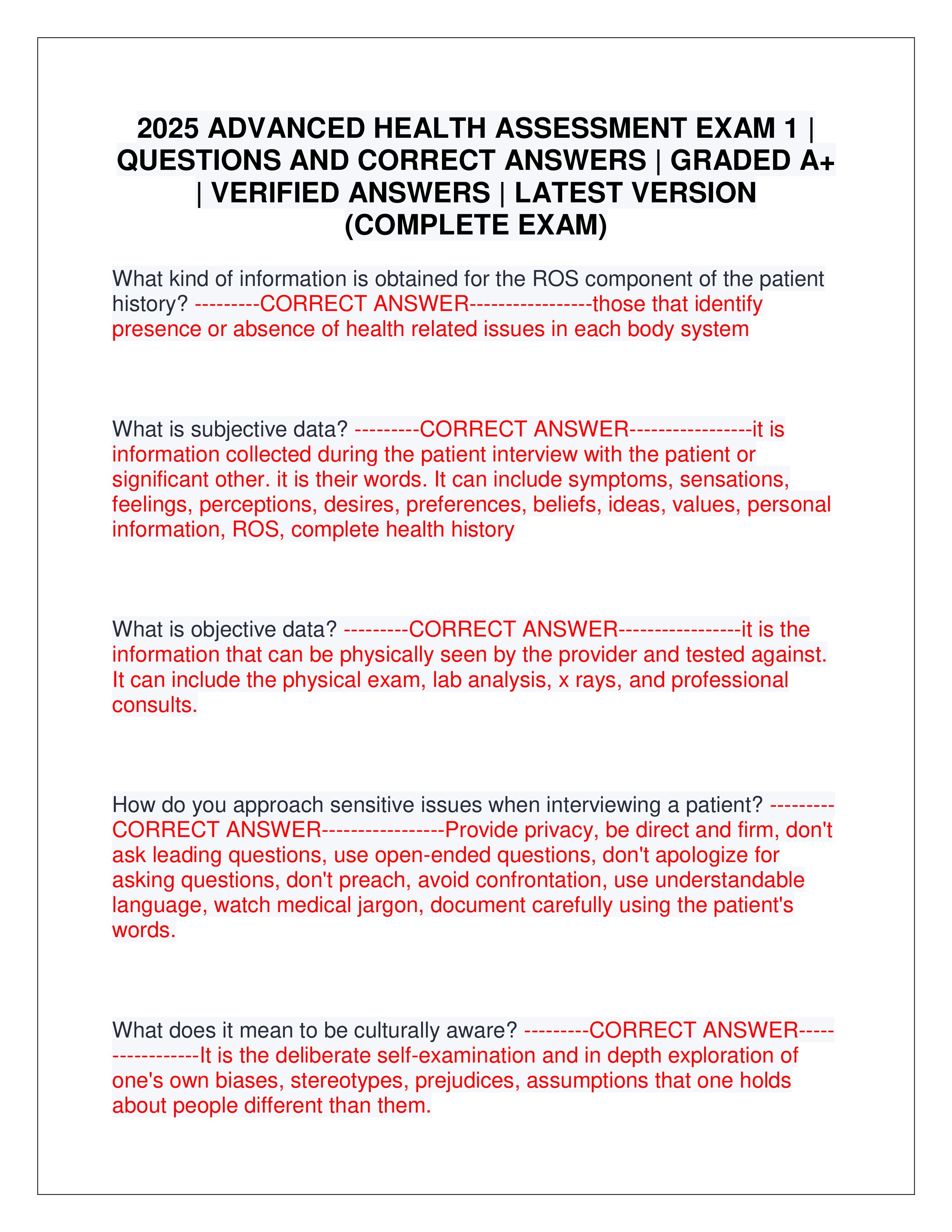 Preview page 1 of 2025 ADVANCED HEALTH ASSESSMENT EXAM 1 | QUESTIONS AND CORRECT ANSWERS | GRADED A+ | VERIFIED ANSWERS | LATEST VERSION (COMPLETE EXAM)