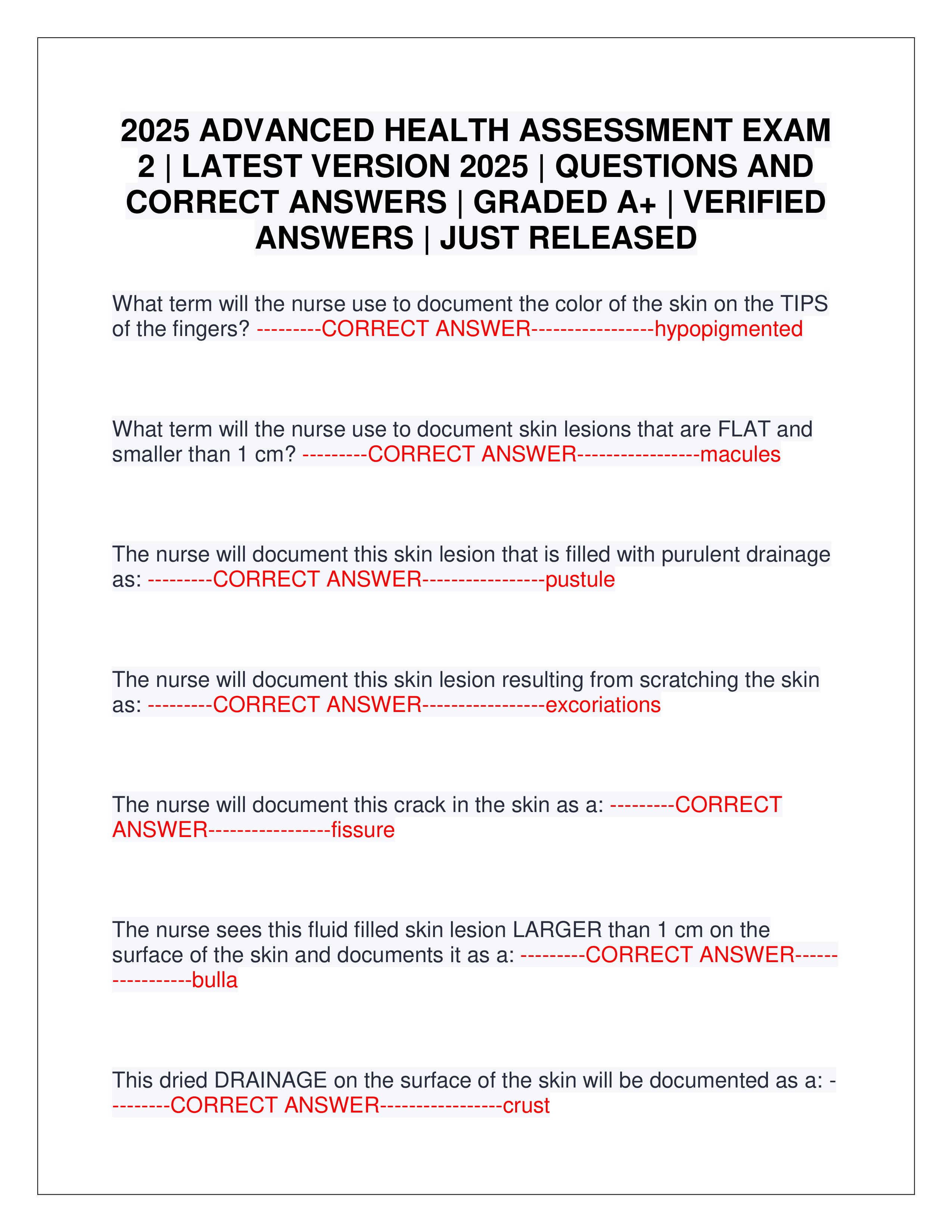 Preview page 1 of 2025 ADVANCED HEALTH ASSESSMENT EXAM 2 | LATEST VERSION 2025 | QUESTIONS AND CORRECT ANSWERS | GRADED A+ | VERIFIED ANSWERS | JUST RELEASED