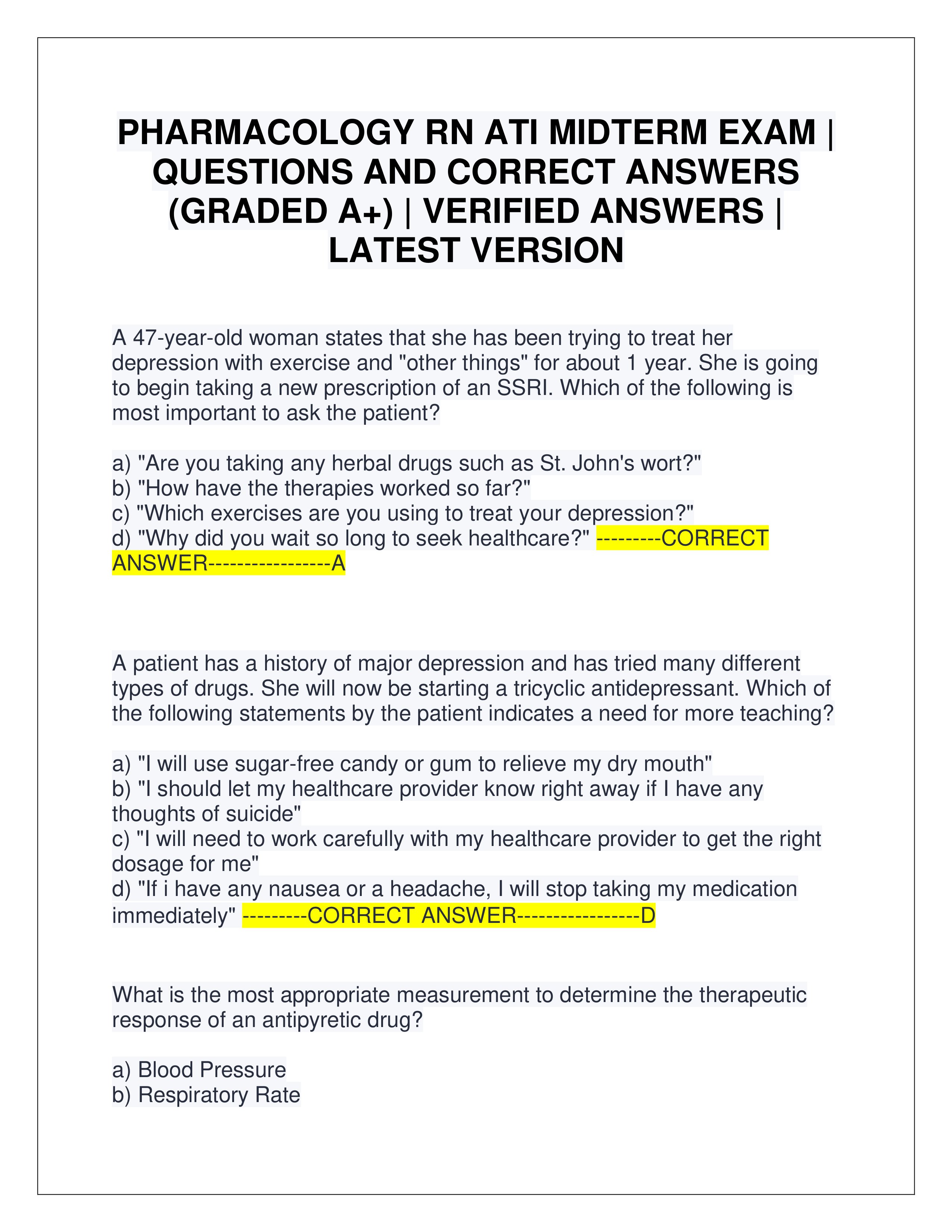 Preview page 1 of PHARMACOLOGY RN ATI MIDTERM EXAM | QUESTIONS AND CORRECT ANSWERS (GRADED A+) | VERIFIED ANSWERS | LATEST VERSION