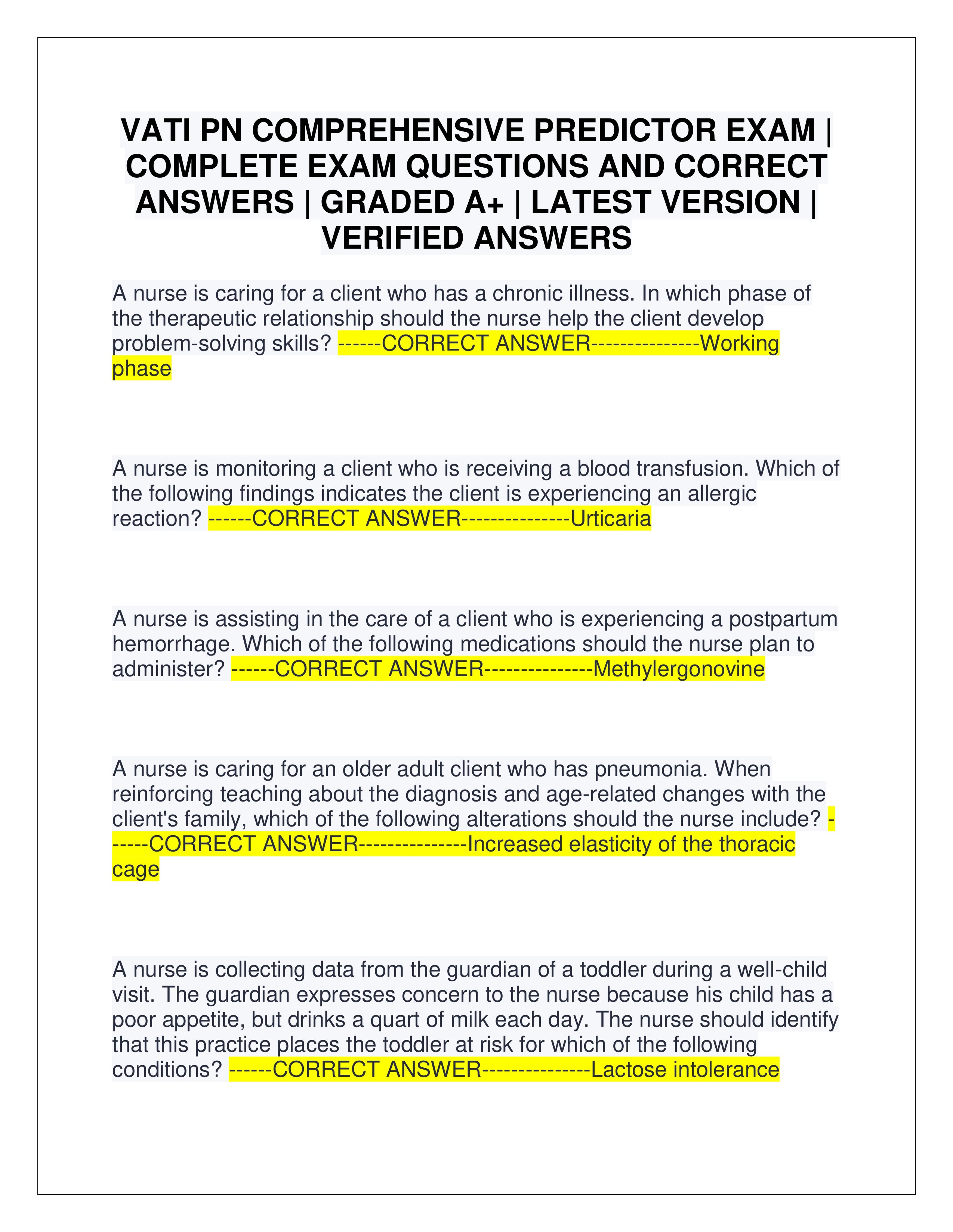 Preview page 1 of VATI PN COMPREHENSIVE PREDICTOR EXAM | COMPLETE EXAM QUESTIONS AND CORRECT ANSWERS | GRADED A+ | LATEST VERSION | VERIFIED ANSWERS