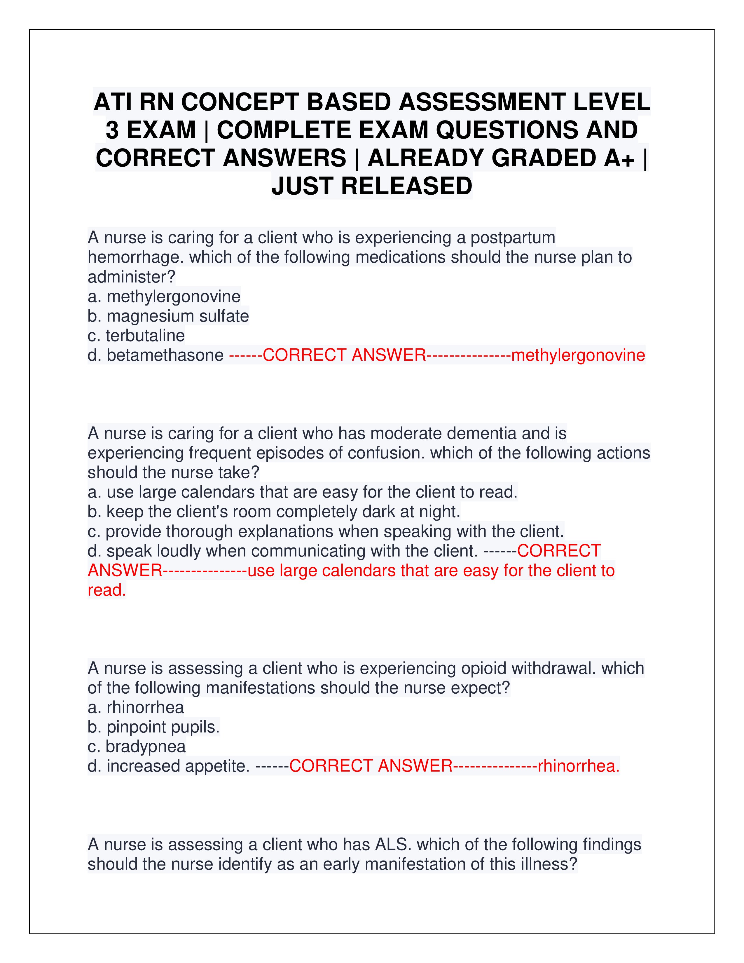 Preview page 1 of ATI RN CONCEPT BASED ASSESSMENT LEVEL 3 EXAM | COMPLETE EXAM QUESTIONS AND CORRECT ANSWERS | ALREADY GRADED A+ | JUST RELEASED