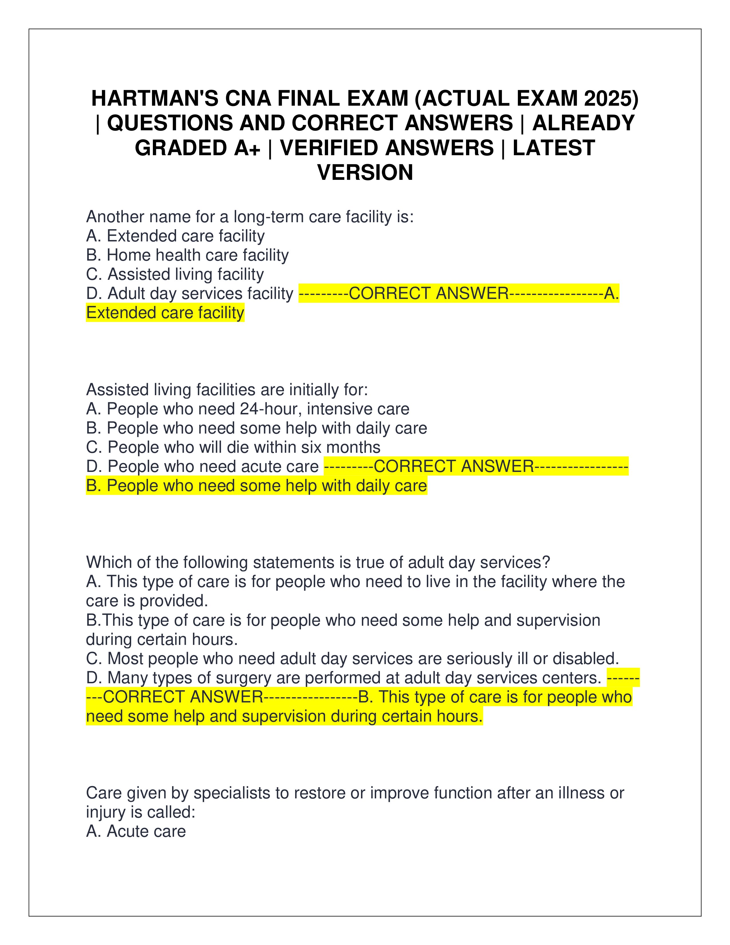 Preview page 1 of HARTMAN'S CNA FINAL EXAM (ACTUAL EXAM 2025) | QUESTIONS AND CORRECT ANSWERS | ALREADY GRADED A+ | VERIFIED ANSWERS | LATEST VERSION