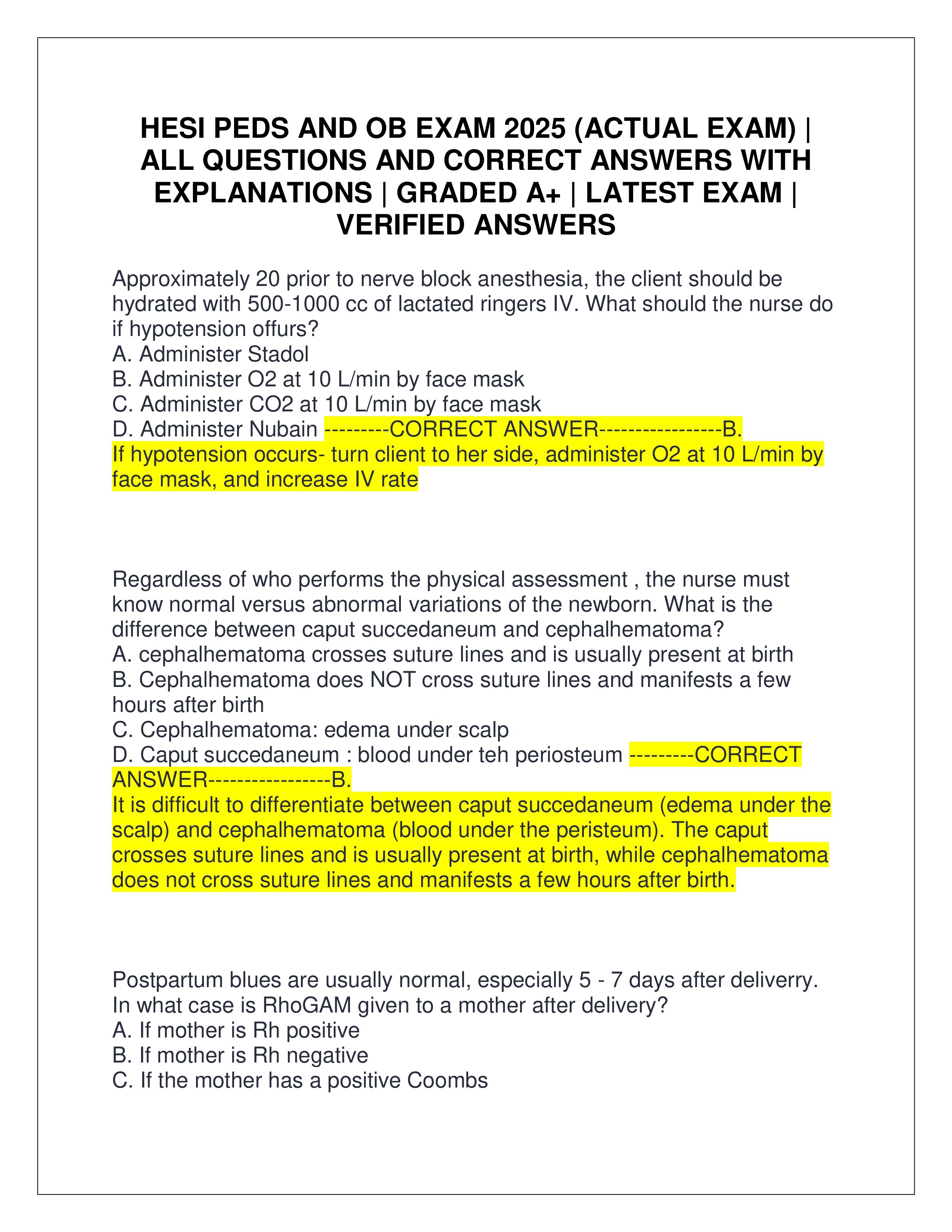 Preview page 1 of HESI PEDS AND OB EXAM 2025 (ACTUAL EXAM) | ALL QUESTIONS AND CORRECT ANSWERS WITH EXPLANATIONS | GRADED A+ | LATEST EXAM | VERIFIED ANSWERS