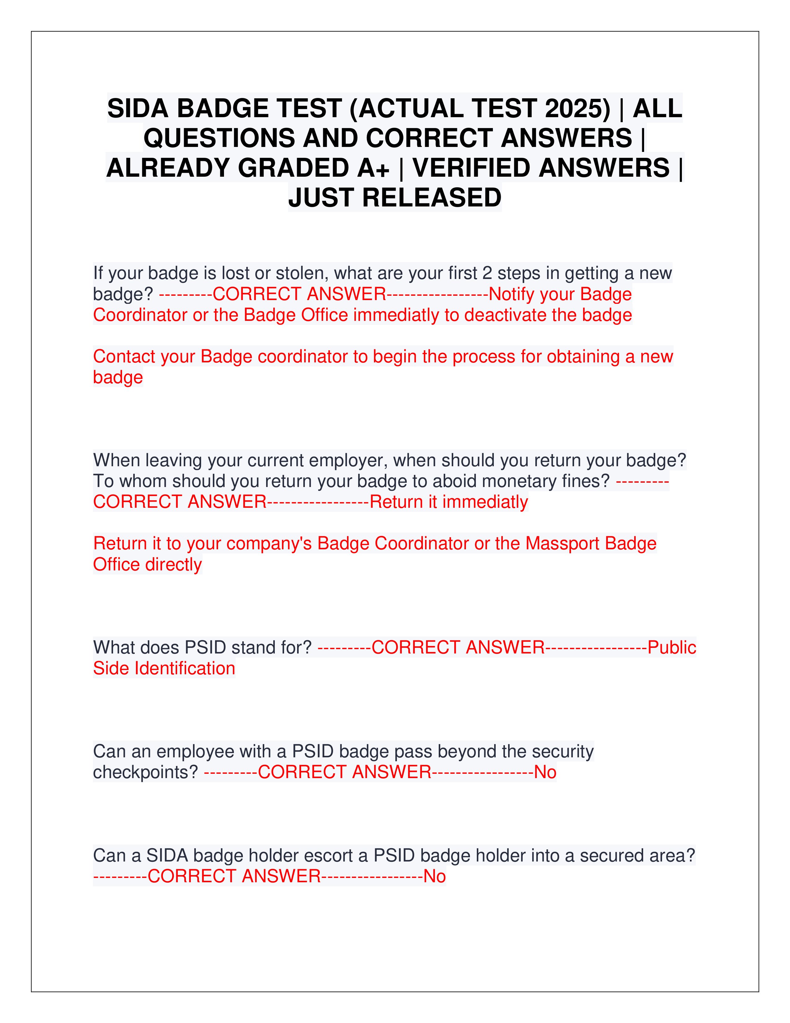 Preview page 1 of SIDA BADGE TEST (ACTUAL TEST 2025) | ALL QUESTIONS AND CORRECT ANSWERS | ALREADY GRADED A+ | VERIFIED ANSWERS | JUST RELEASED