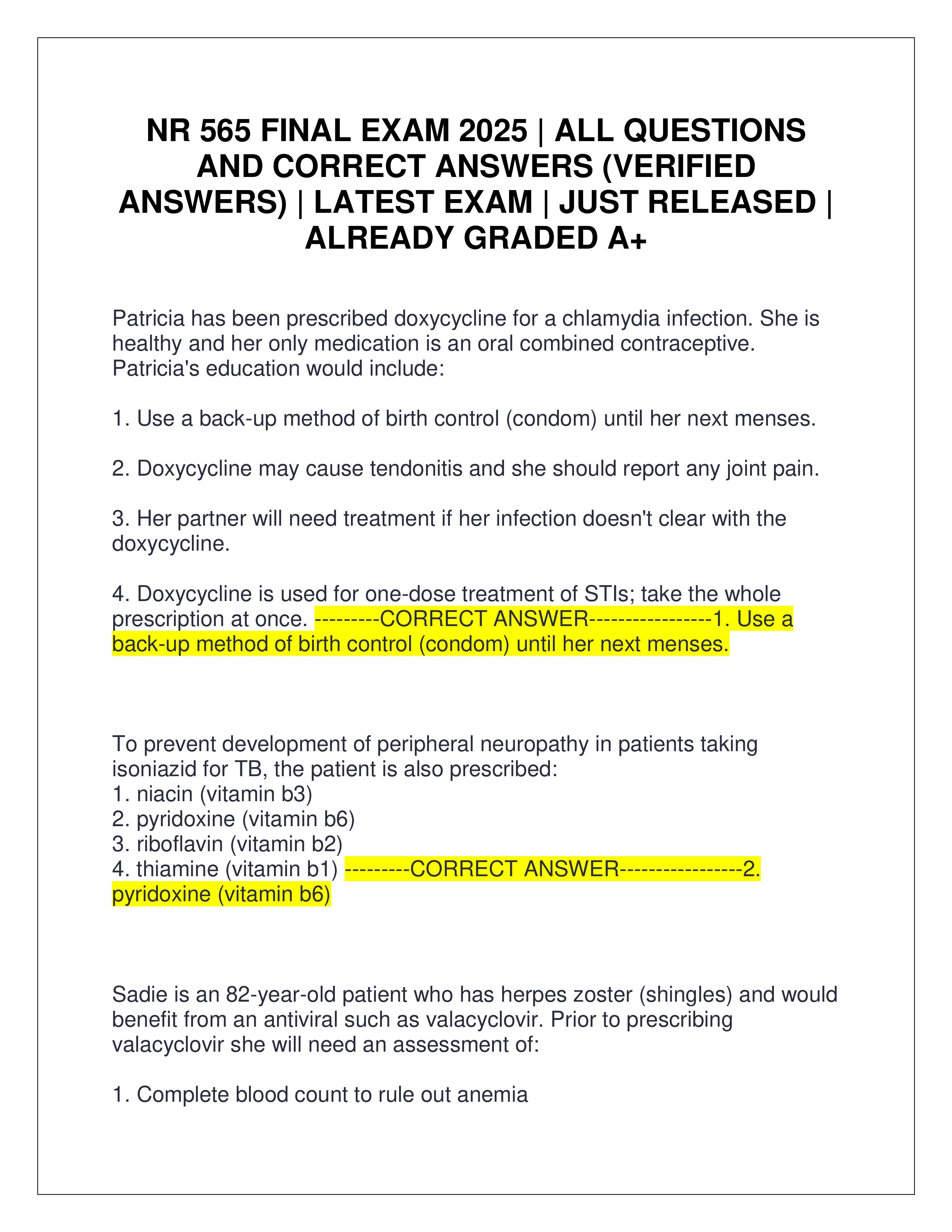 Preview page 1 of NR 565 FINAL EXAM 2025 | ALL QUESTIONS AND CORRECT ANSWERS (VERIFIED ANSWERS) | LATEST EXAM | JUST RELEASED | ALREADY GRADED A+