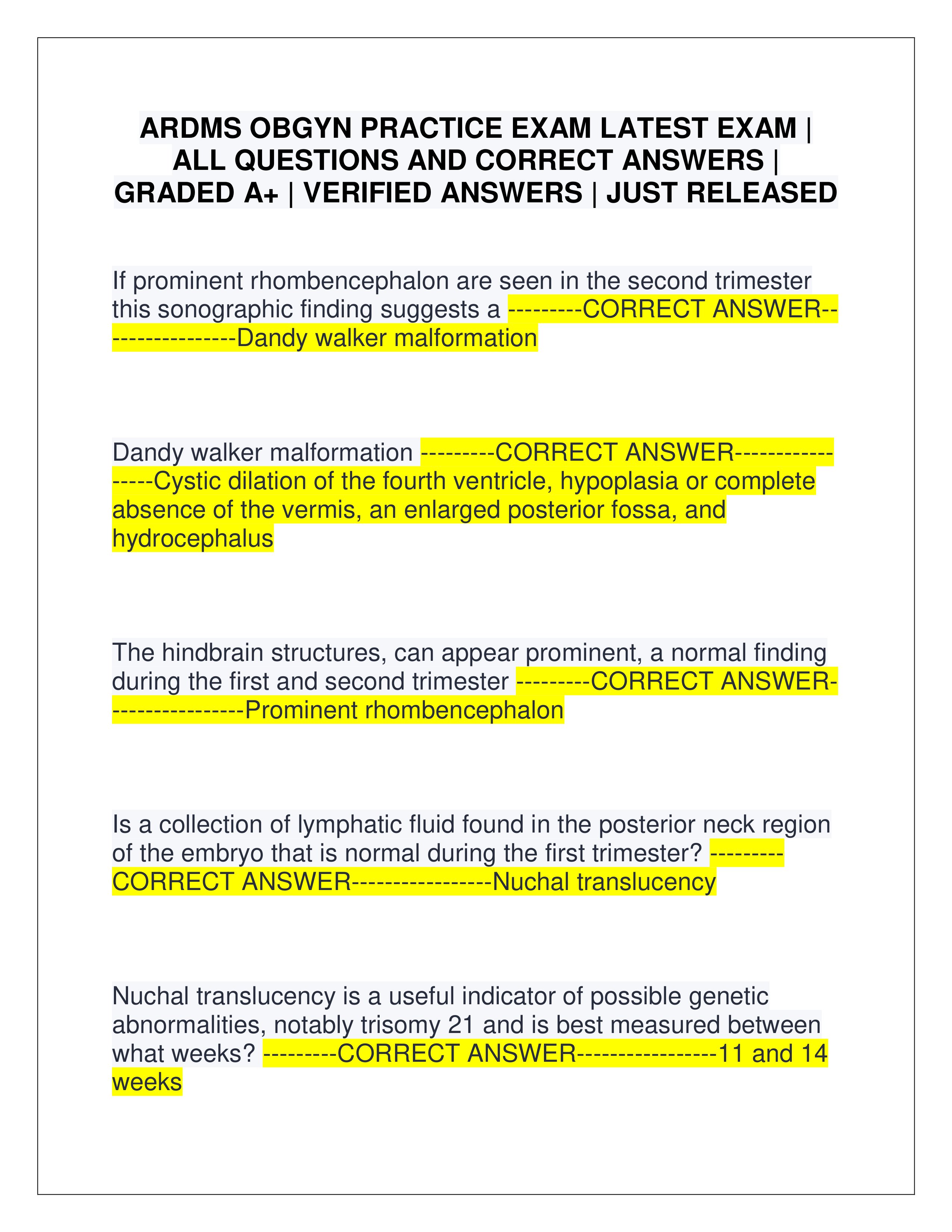 Preview page 1 of ARDMS OBGYN PRACTICE EXAM LATEST EXAM | ALL QUESTIONS AND CORRECT ANSWERS | GRADED A+ | VERIFIED ANSWERS | JUST RELEASED