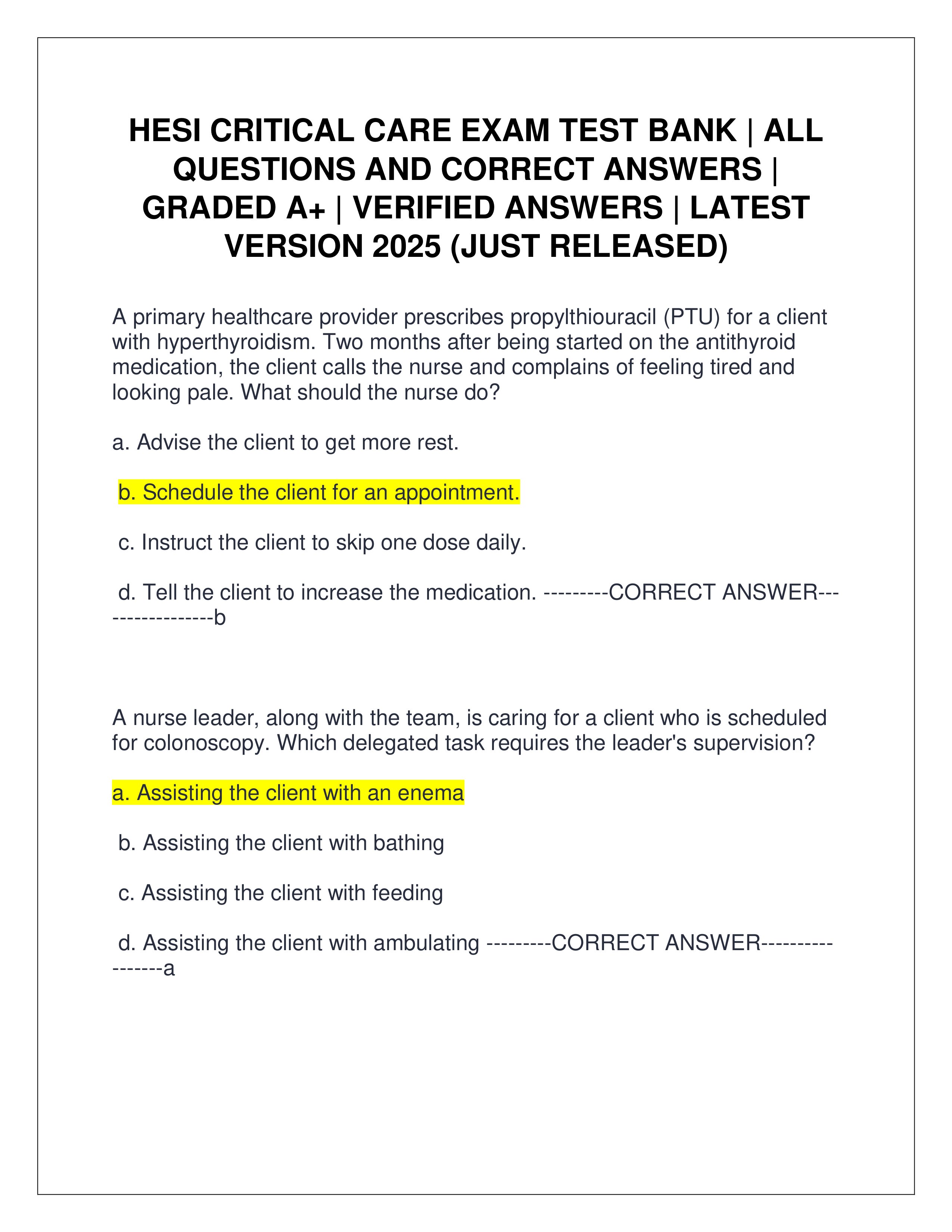 Preview page 1 of HESI CRITICAL CARE EXAM TEST BANK | ALL QUESTIONS AND CORRECT ANSWERS | GRADED A+ | VERIFIED ANSWERS | LATEST VERSION 2025 (JUST RELEASED)