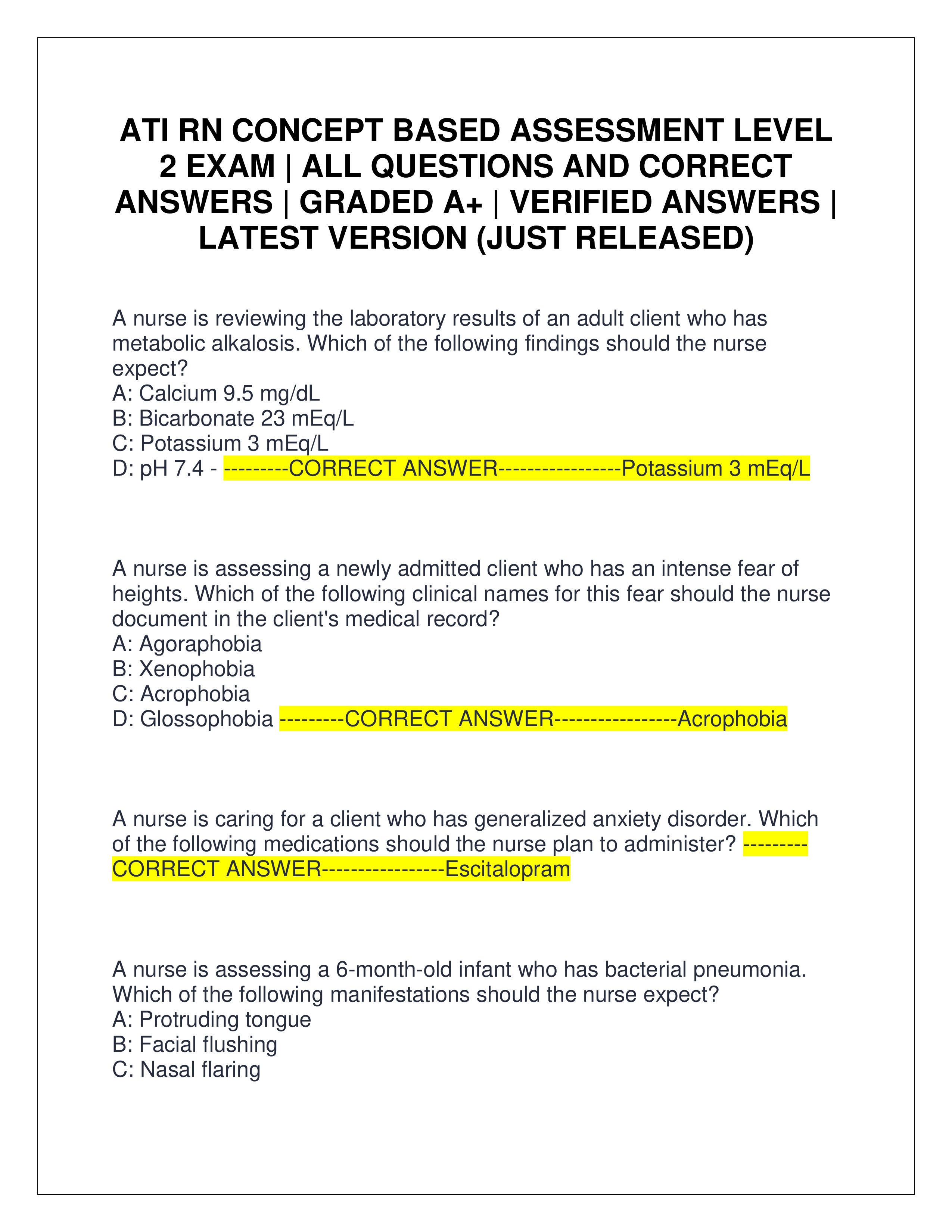Preview page 1 of ATI RN CONCEPT BASED ASSESSMENT LEVEL 2 EXAM | ALL QUESTIONS AND CORRECT ANSWERS | GRADED A+ | VERIFIED ANSWERS | LATEST VERSION (JUST RELEASED)