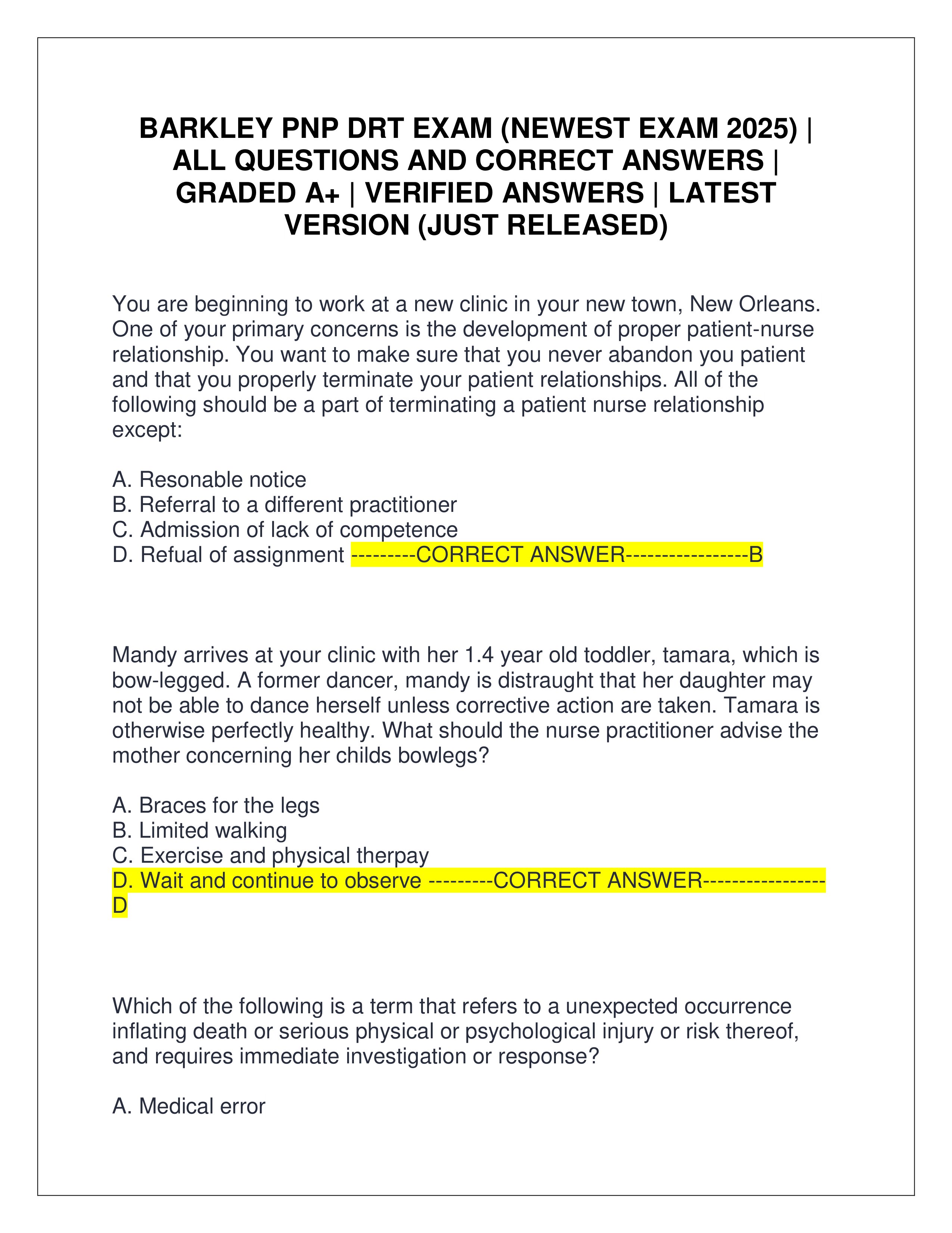 Preview page 1 of BARKLEY PNP DRT EXAM (NEWEST EXAM 2025) | ALL QUESTIONS AND CORRECT ANSWERS | GRADED A+ | VERIFIED ANSWERS | LATEST VERSION (JUST RELEASED)