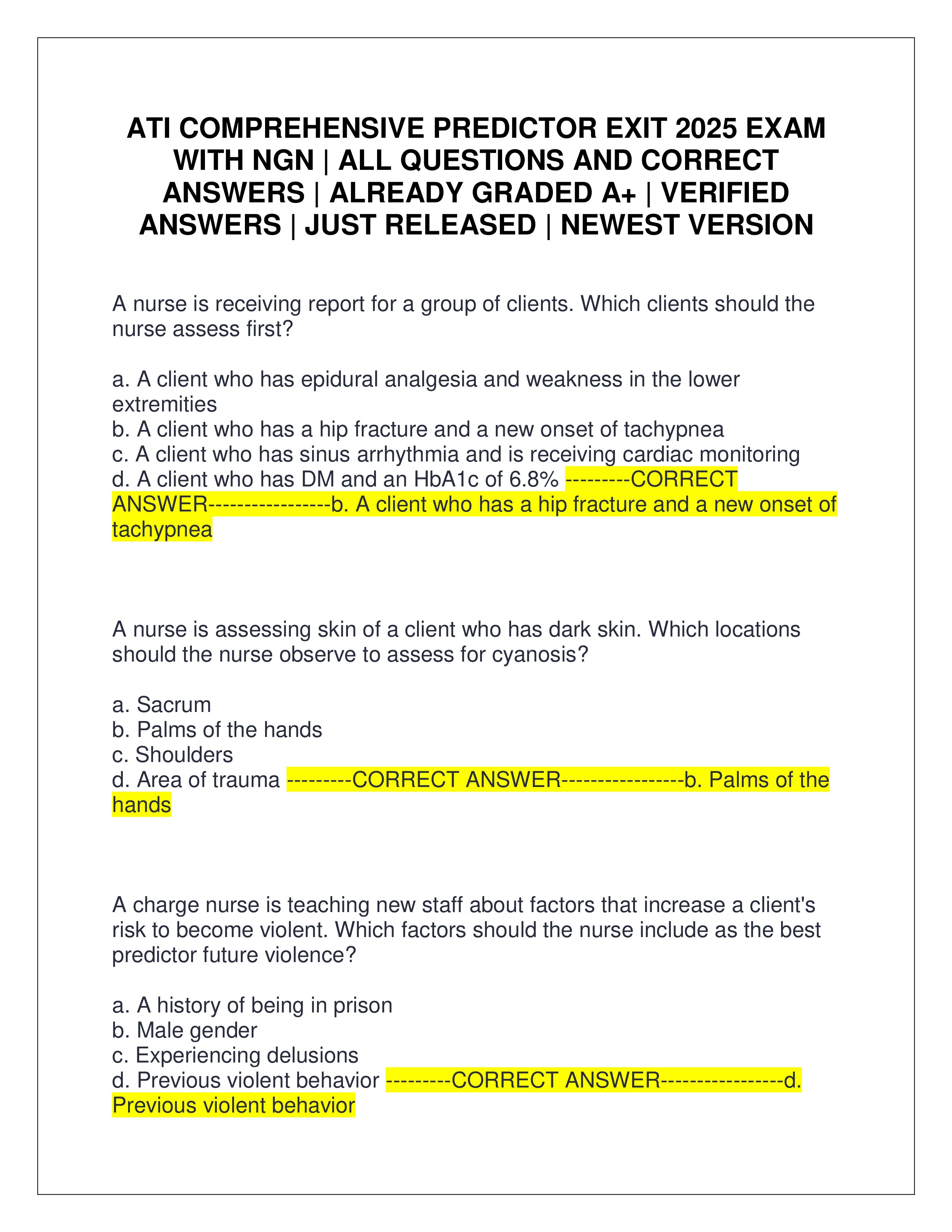 Preview page 1 of ATI COMPREHENSIVE PREDICTOR EXIT 2025 EXAM WITH NGN | ALL QUESTIONS AND CORRECT ANSWERS | ALREADY GRADED A+ | VERIFIED ANSWERS | JUST RELEASED | NEWEST VERSION