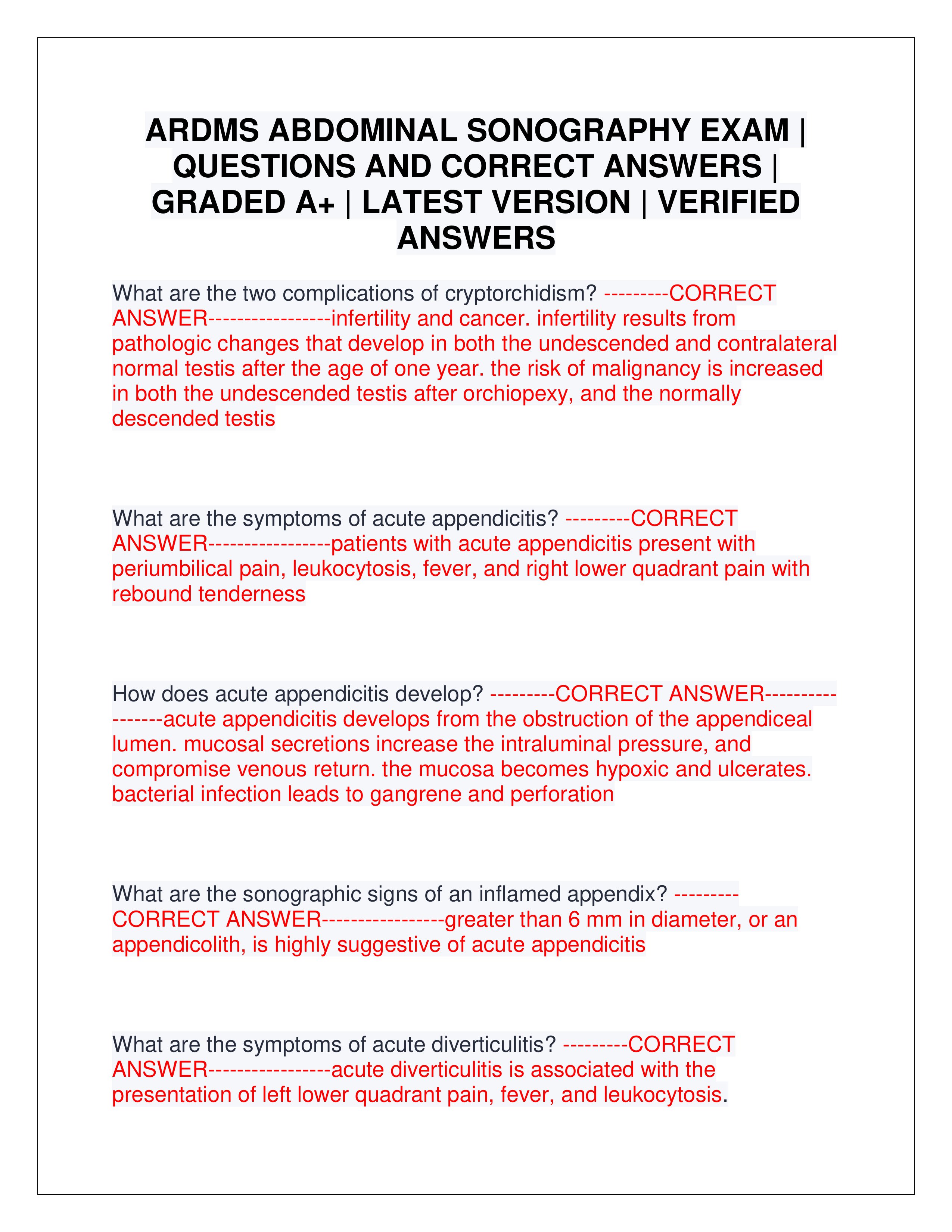 Preview page 1 of ARDMS ABDOMINAL SONOGRAPHY EXAM | QUESTIONS AND CORRECT ANSWERS | GRADED A+ | LATEST VERSION | VERIFIED ANSWERS