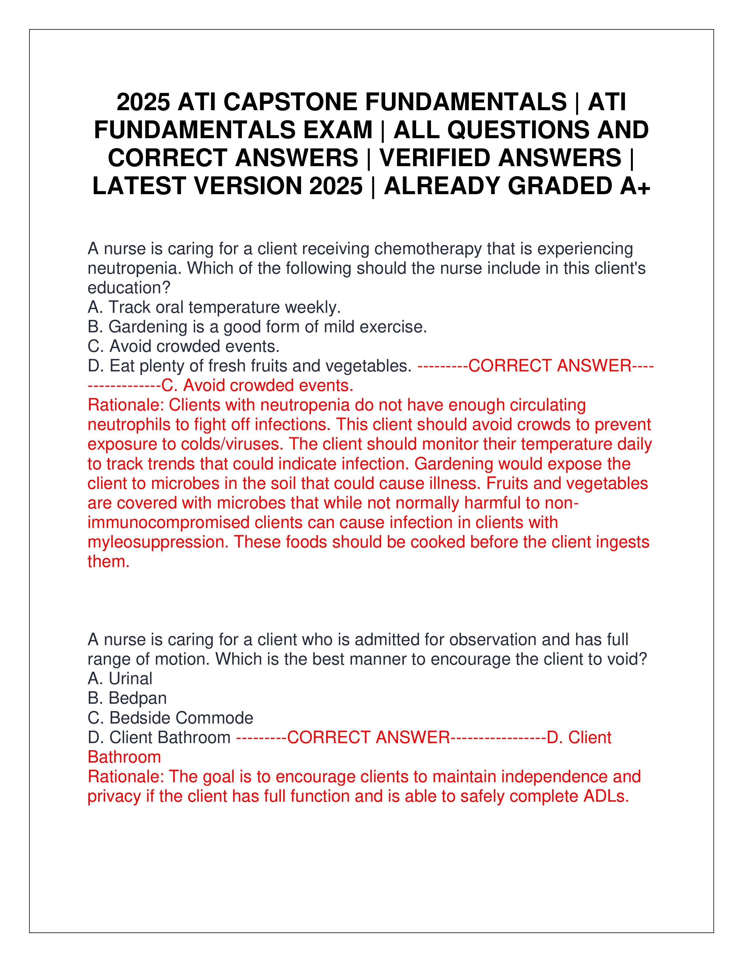 Preview page 1 of 2025 ATI CAPSTONE FUNDAMENTALS | ATI FUNDAMENTALS EXAM | ALL QUESTIONS AND CORRECT ANSWERS | VERIFIED ANSWERS | LATEST VERSION 2025 | ALREADY GRADED A+