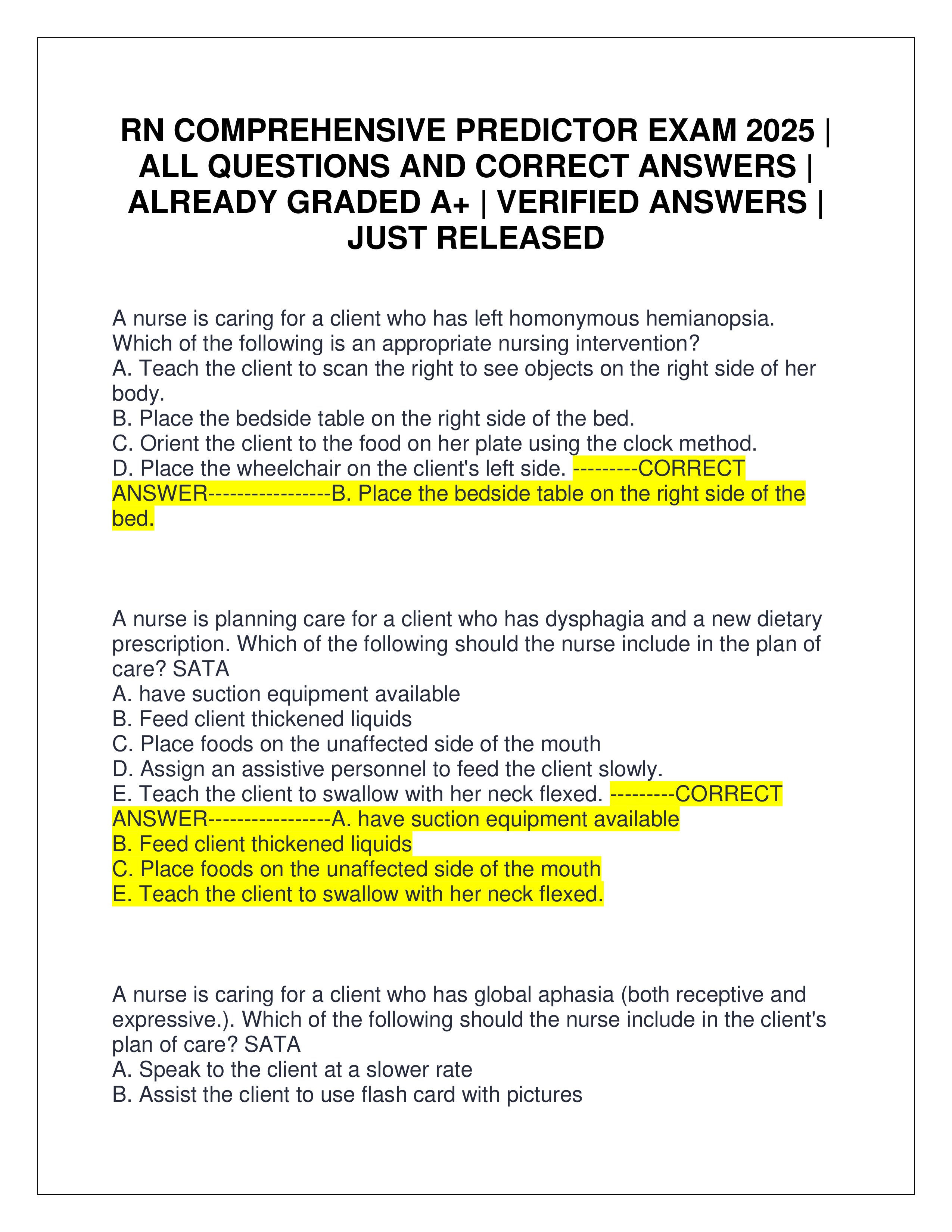 Preview page 1 of RN COMPREHENSIVE PREDICTOR EXAM 2025 | ALL QUESTIONS AND CORRECT ANSWERS | ALREADY GRADED A+ | VERIFIED ANSWERS | JUST RELEASED