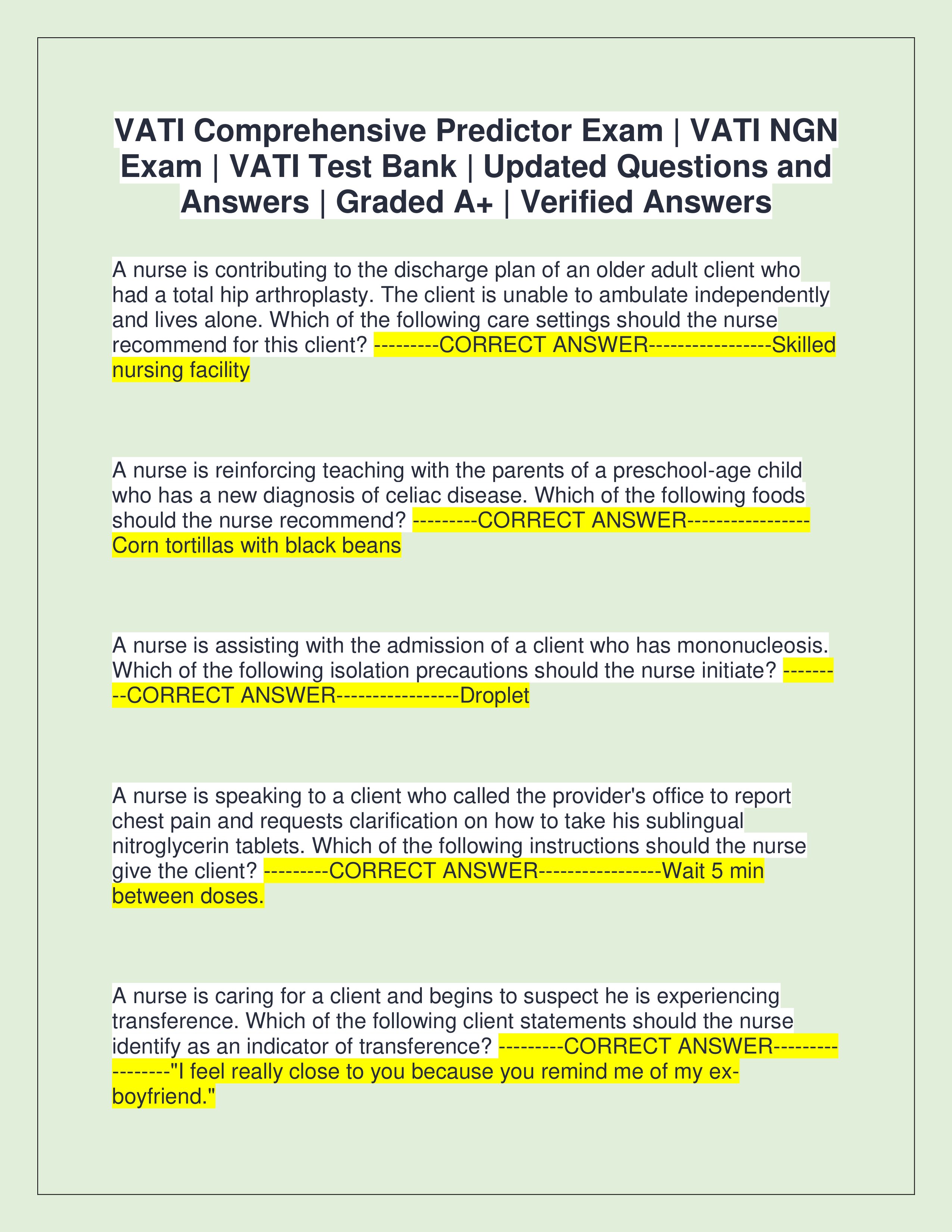 Preview page 1 of VATI Comprehensive Predictor Exam | VATI NGN Exam | VATI Test Bank | Updated Questions and Answers | Graded A+ | Verified Answers