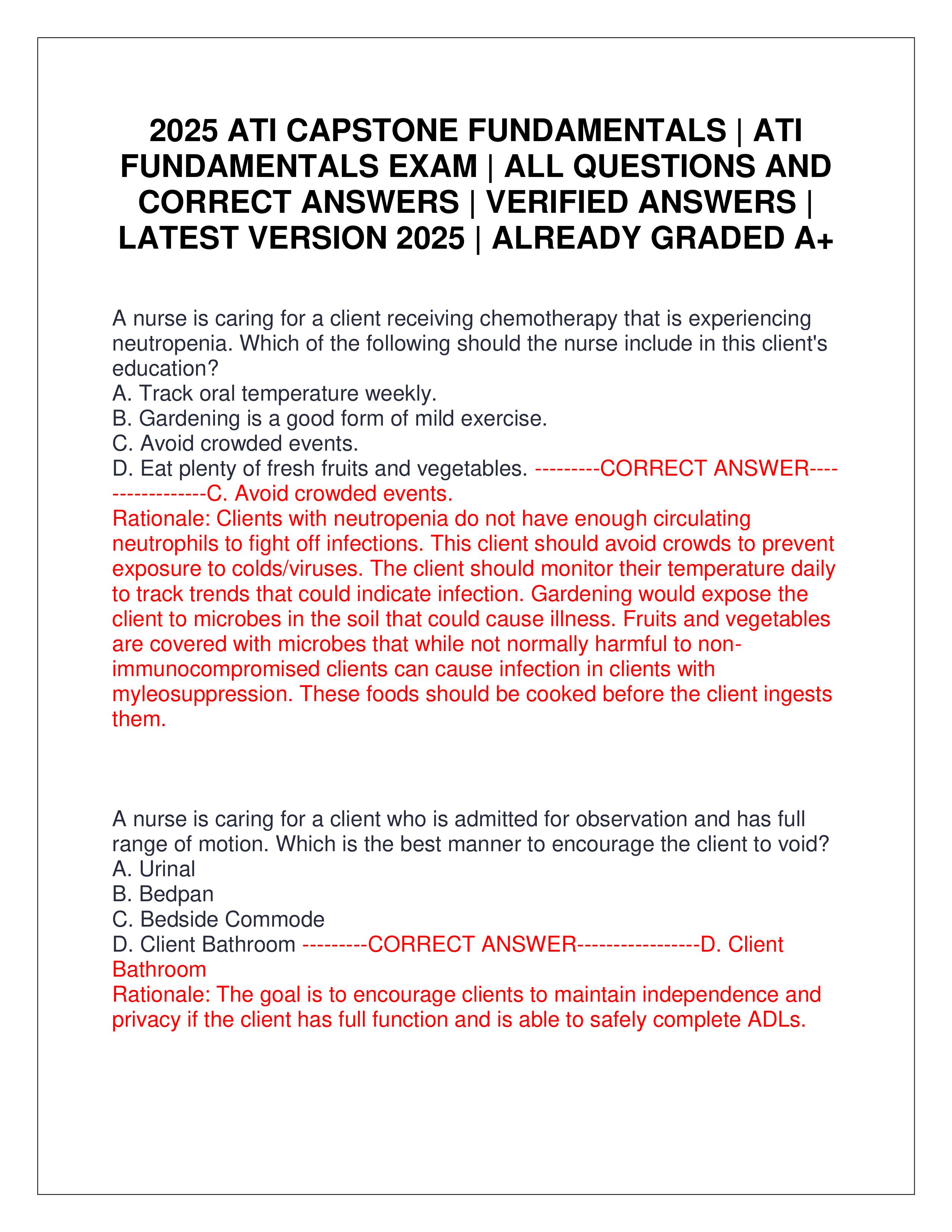 Preview of 2025 ATI CAPSTONE FUNDAMENTALS | ATI FUNDAMENTALS EXAM | ALL QUESTIONS AND CORRECT ANSWERS | VERIFIED ANSWERS | LATEST VERSION 2025 | ALREADY GRADED A+