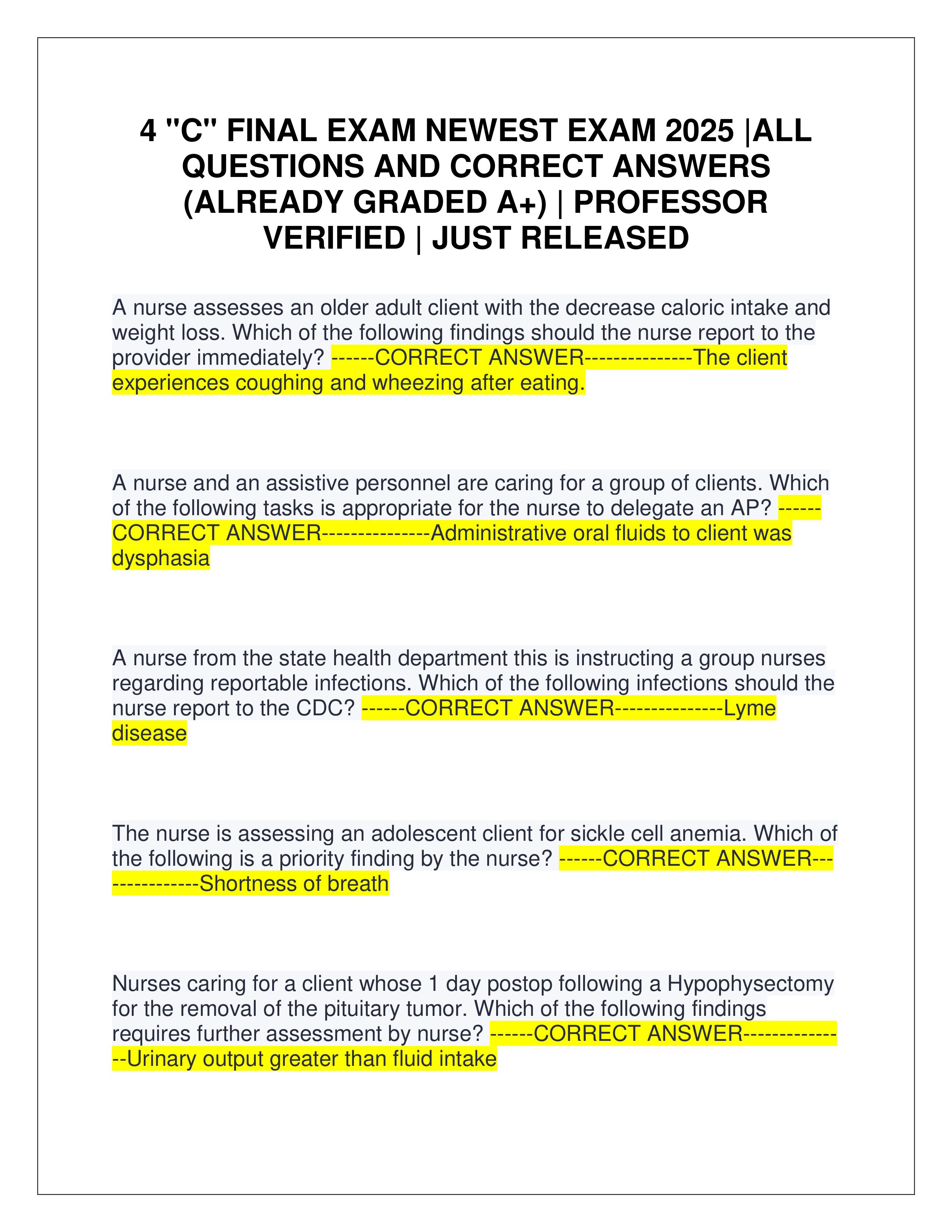 Preview of 4 "C" FINAL EXAM NEWEST EXAM 2025 |ALL QUESTIONS AND CORRECT ANSWERS (ALREADY GRADED A+) | PROFESSOR VERIFIED | JUST RELEASED