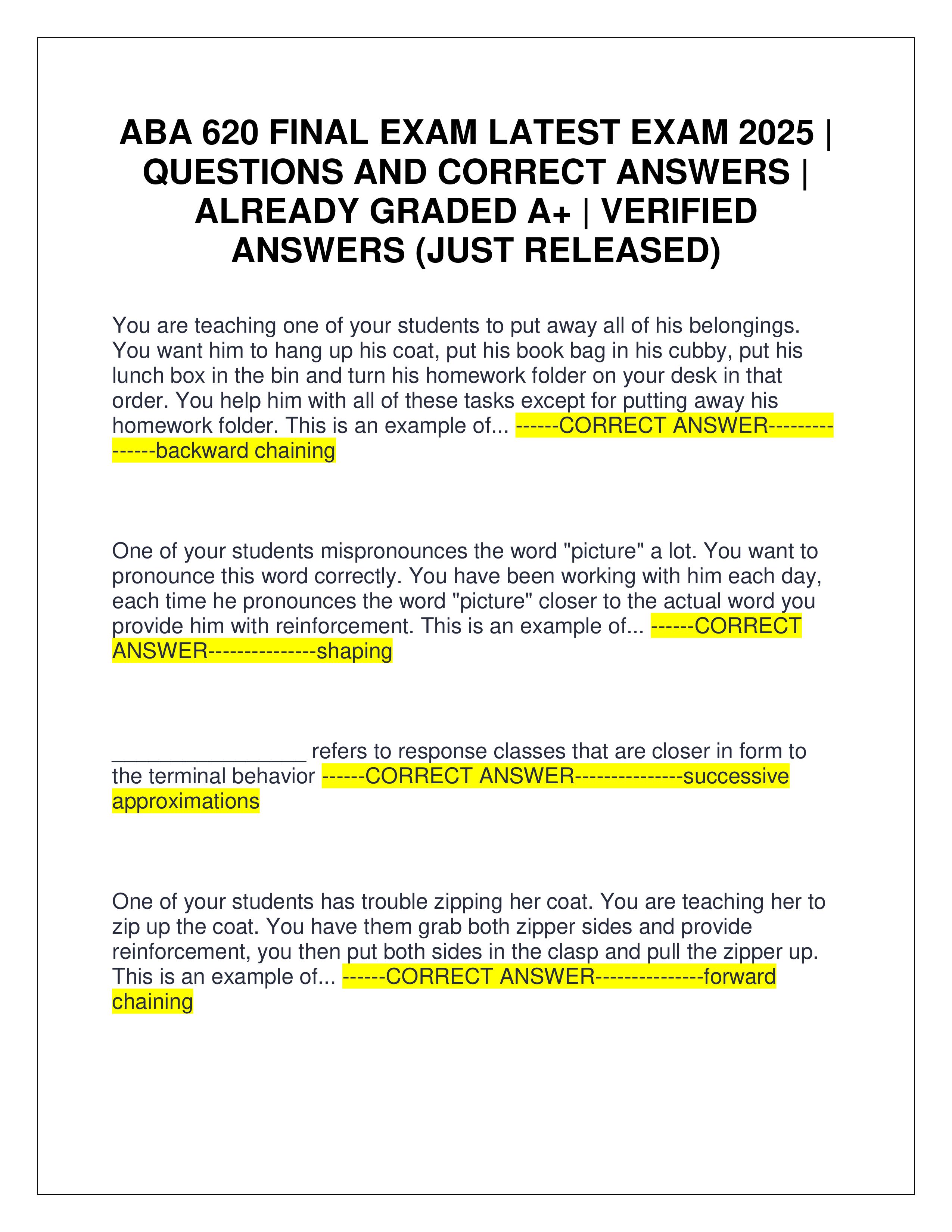 Preview of ABA 620 FINAL EXAM LATEST EXAM 2025 | QUESTIONS AND CORRECT ANSWERS | ALREADY GRADED A+ | VERIFIED ANSWERS (JUST RELEASED)