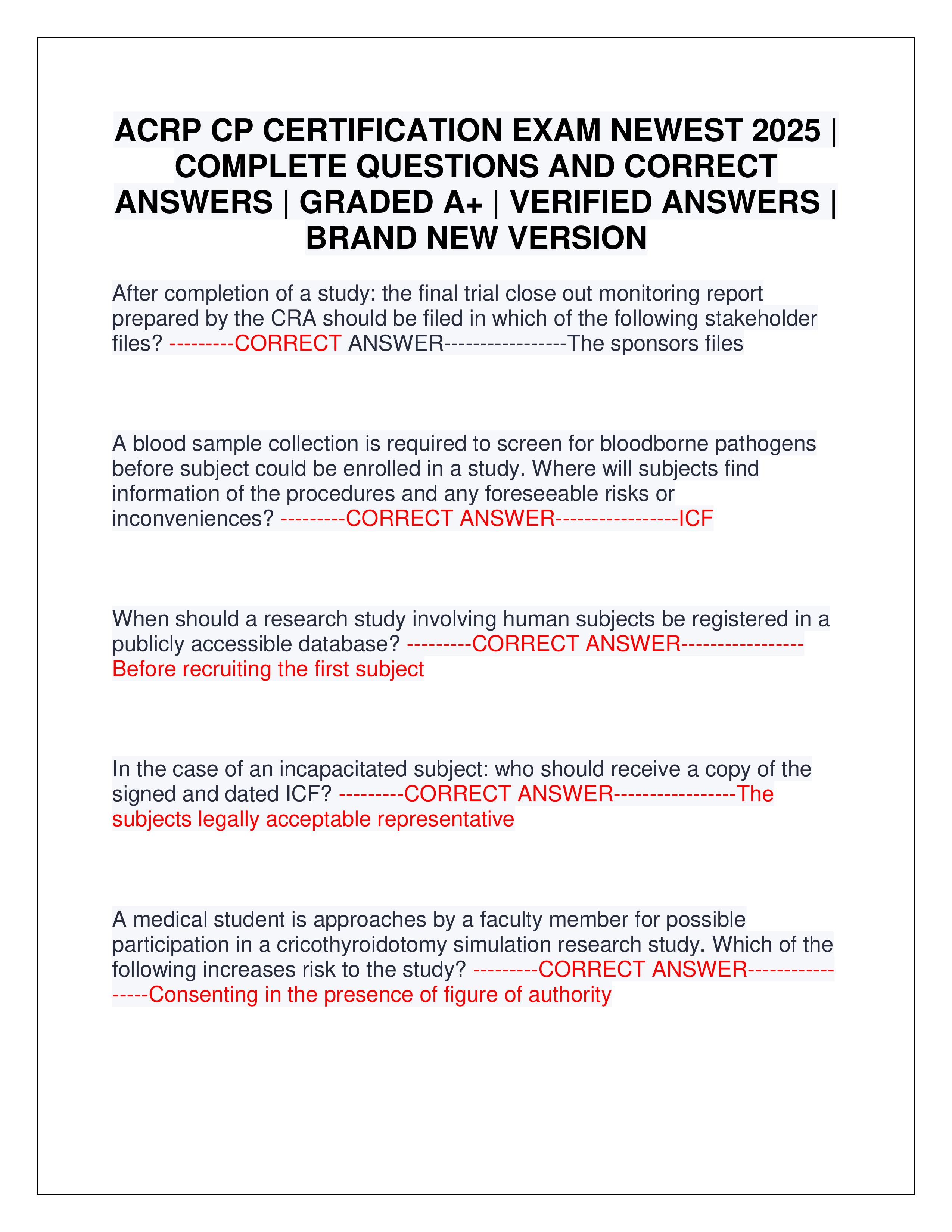 Preview of ACRP CP CERTIFICATION EXAM NEWEST 2025 | COMPLETE QUESTIONS AND CORRECT ANSWERS | GRADED A+ | VERIFIED ANSWERS | BRAND NEW VERSION