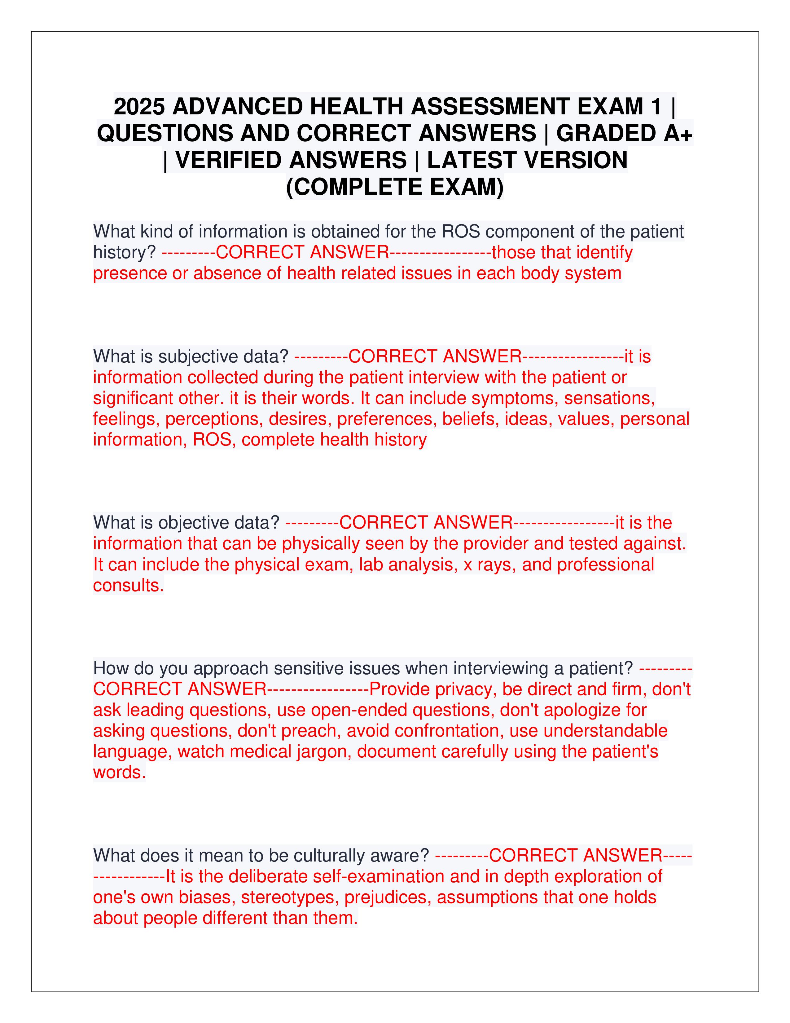 Preview of 2025 ADVANCED HEALTH ASSESSMENT EXAM 1 | QUESTIONS AND CORRECT ANSWERS | GRADED A+ | VERIFIED ANSWERS | LATEST VERSION (COMPLETE EXAM)