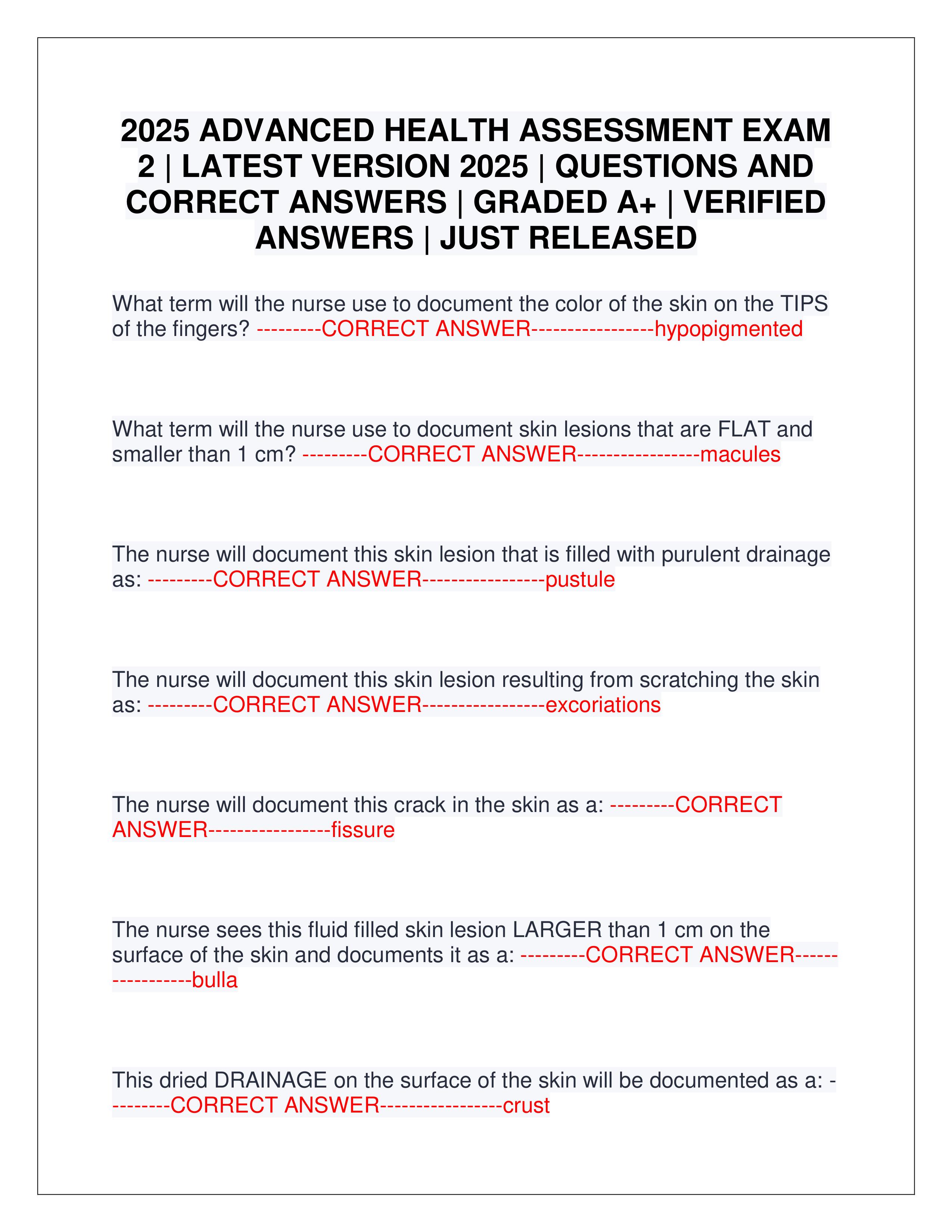 Preview of 2025 ADVANCED HEALTH ASSESSMENT EXAM 2 | LATEST VERSION 2025 | QUESTIONS AND CORRECT ANSWERS | GRADED A+ | VERIFIED ANSWERS | JUST RELEASED