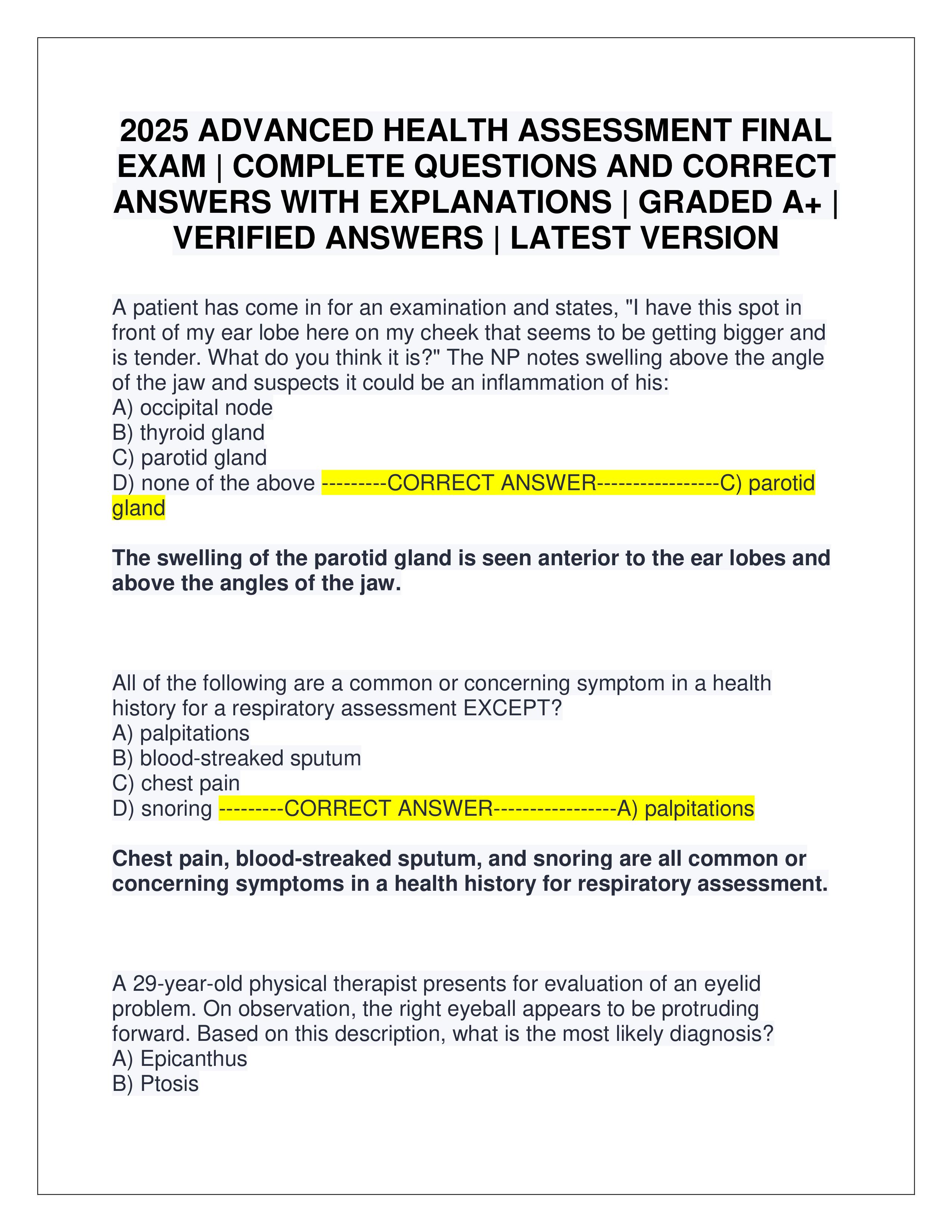 Preview of 2025 ADVANCED HEALTH ASSESSMENT FINAL EXAM | COMPLETE QUESTIONS AND CORRECT ANSWERS WITH EXPLANATIONS | GRADED A+ | VERIFIED ANSWERS | LATEST VERSION