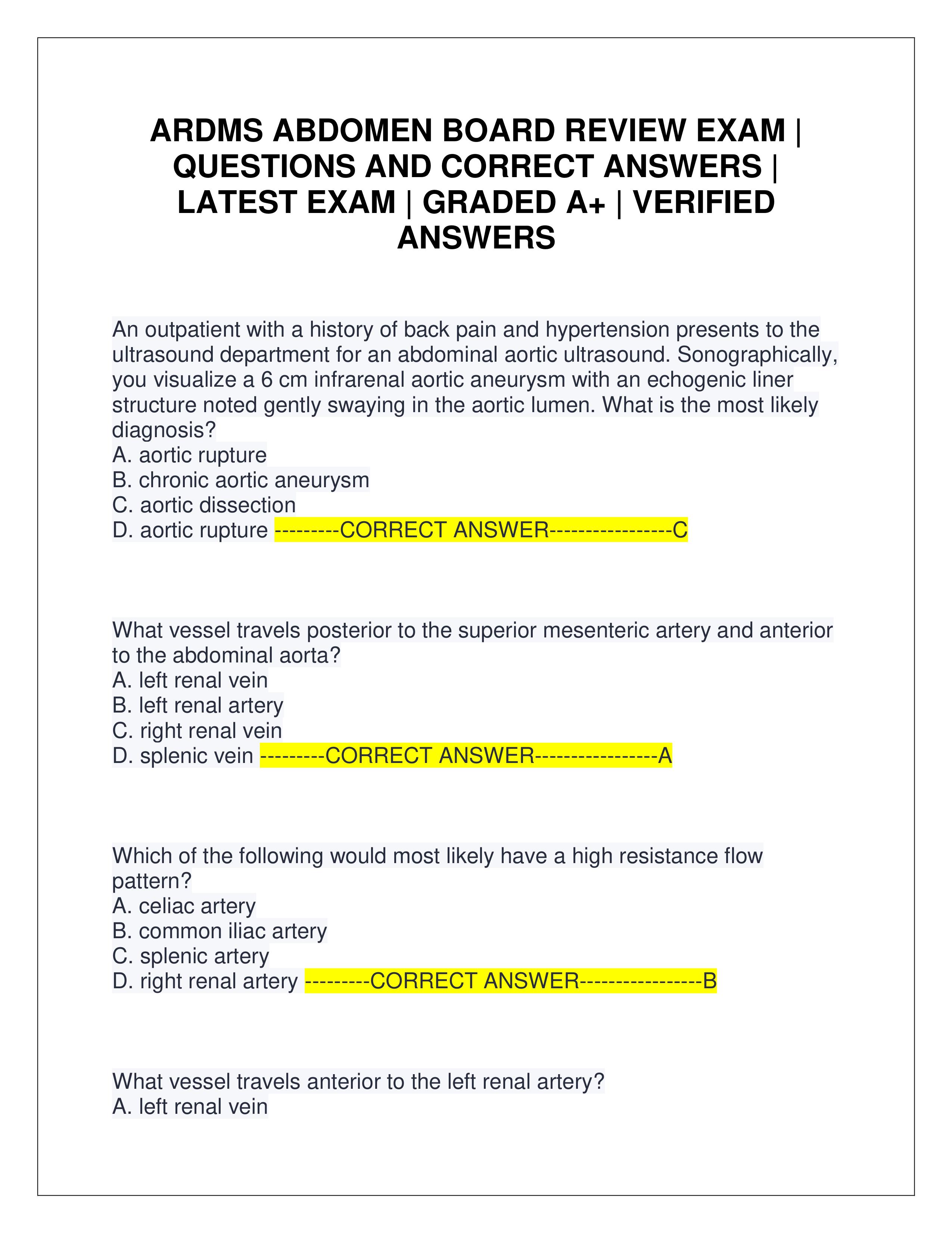 Preview of ARDMS ABDOMEN BOARD REVIEW EXAM | QUESTIONS AND CORRECT ANSWERS | LATEST EXAM | GRADED A+ | VERIFIED ANSWERS