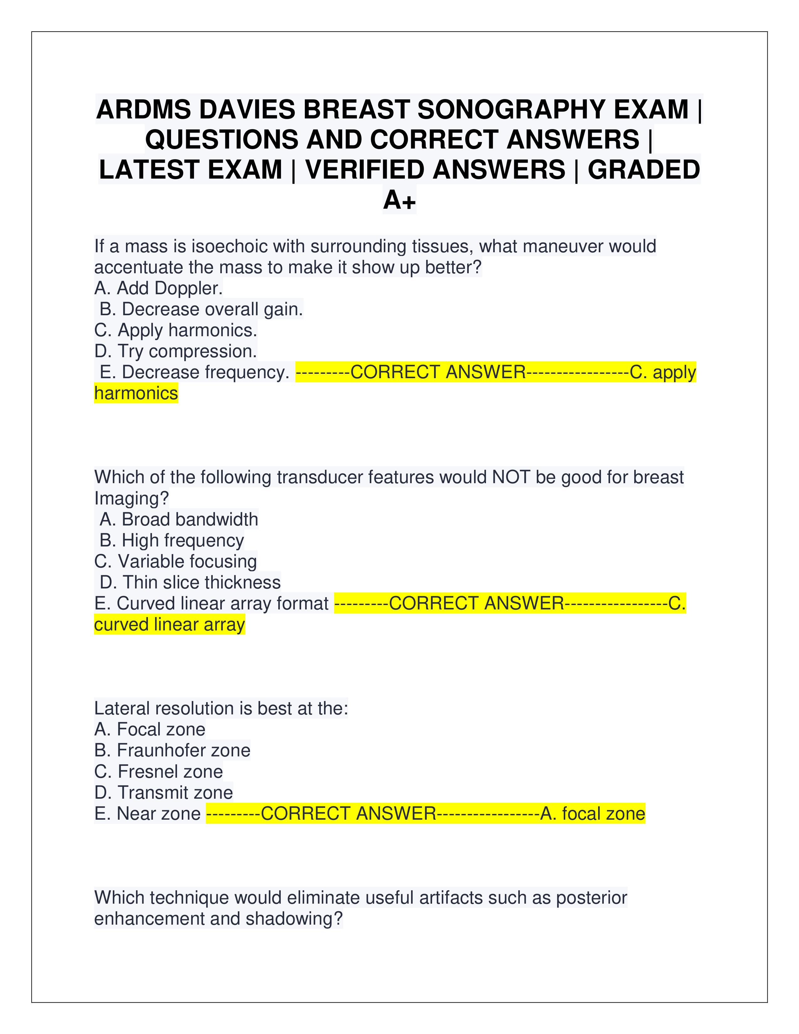 Preview of ARDMS DAVIES BREAST SONOGRAPHY EXAM | QUESTIONS AND CORRECT ANSWERS | LATEST EXAM | VERIFIED ANSWERS | GRADED A+