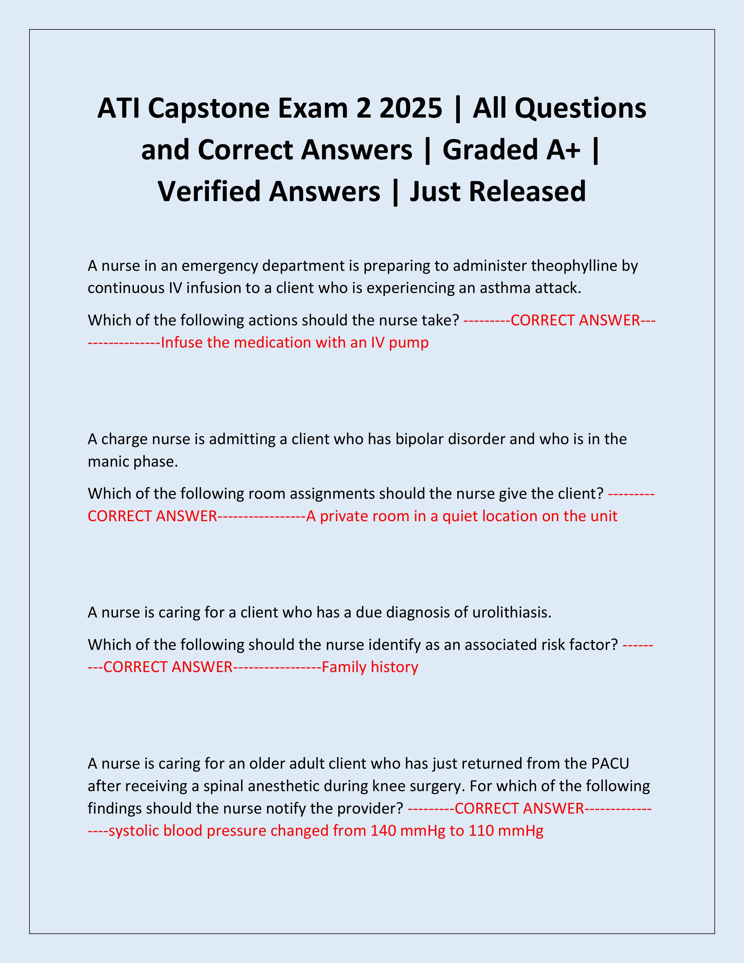 Preview of ATI Capstone Exam 2 2025 | All Questions and Correct Answers | Graded A+ | Verified Answers | Just Released