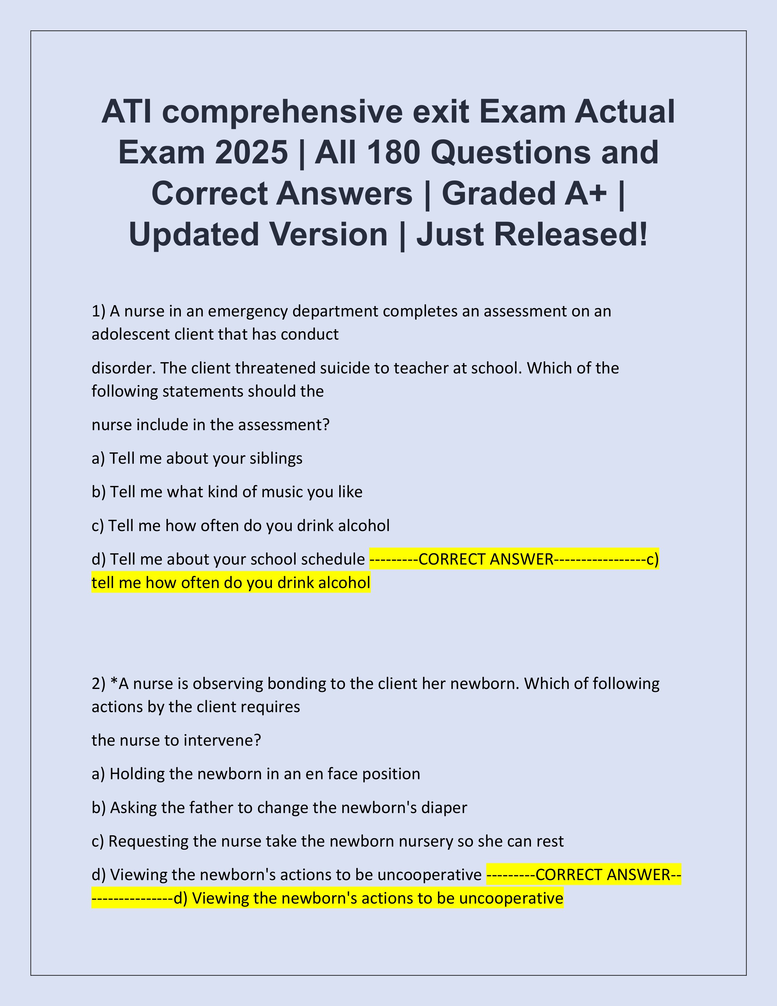 Preview of ATI comprehensive exit Exam Actual Exam 2025 | All 180 Questions and Correct Answers | Graded A+ | Updated Version | Just Released!