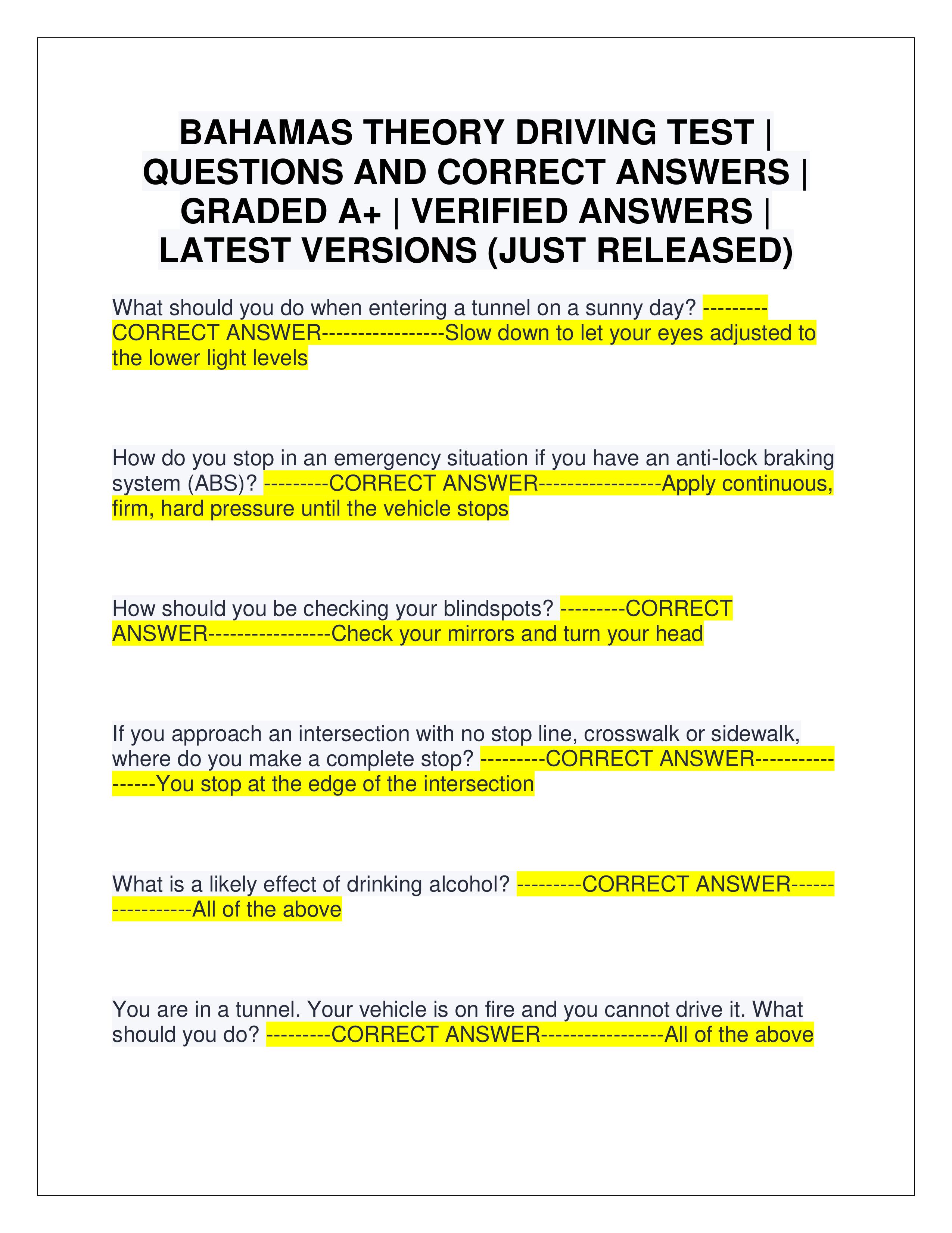 Preview of BAHAMAS THEORY DRIVING TEST | QUESTIONS AND CORRECT ANSWERS | GRADED A+ | VERIFIED ANSWERS | LATEST VERSIONS (JUST RELEASED)