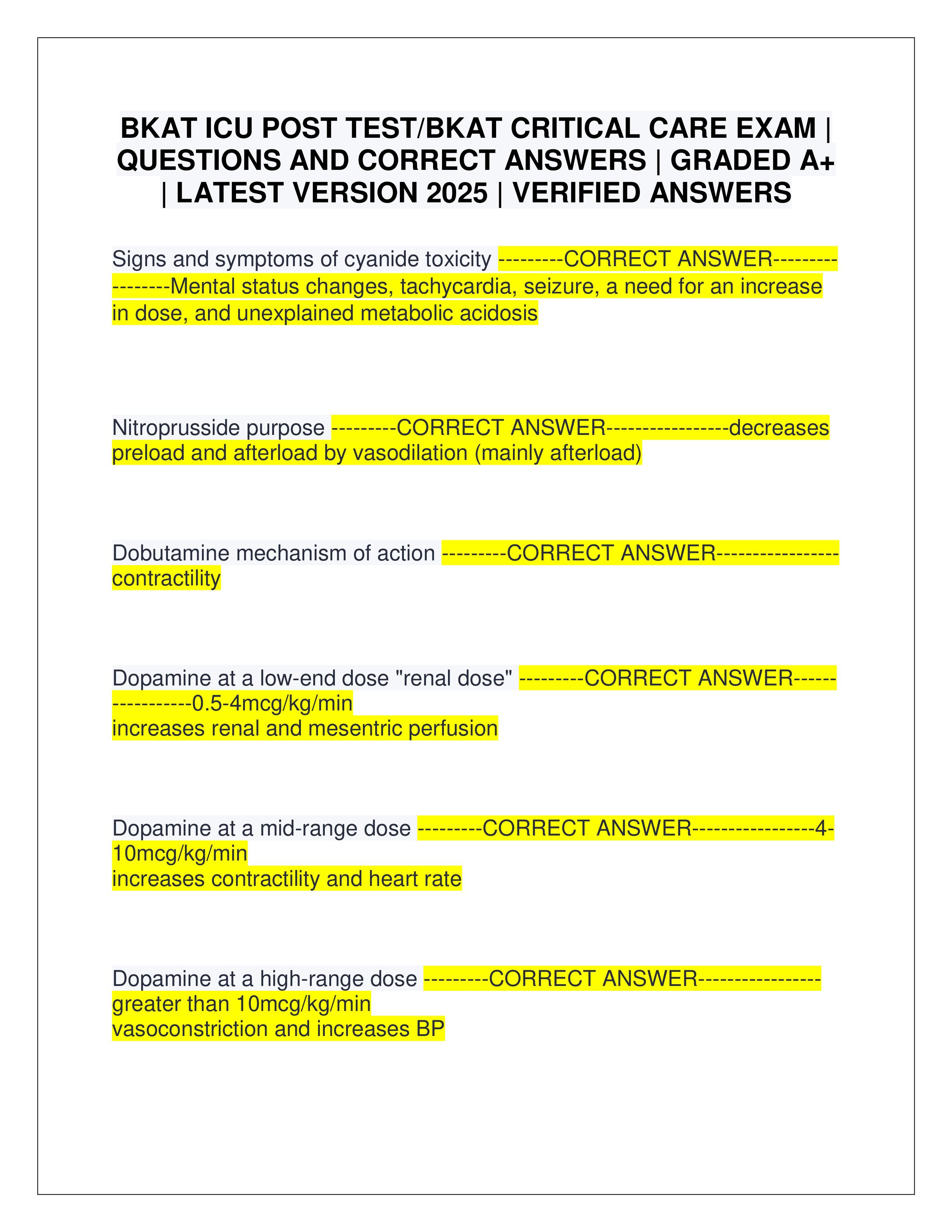 Preview of BKAT ICU POST TEST/BKAT CRITICAL CARE EXAM | QUESTIONS AND CORRECT ANSWERS | GRADED A+ | LATEST VERSION 2025 | VERIFIED ANSWERS