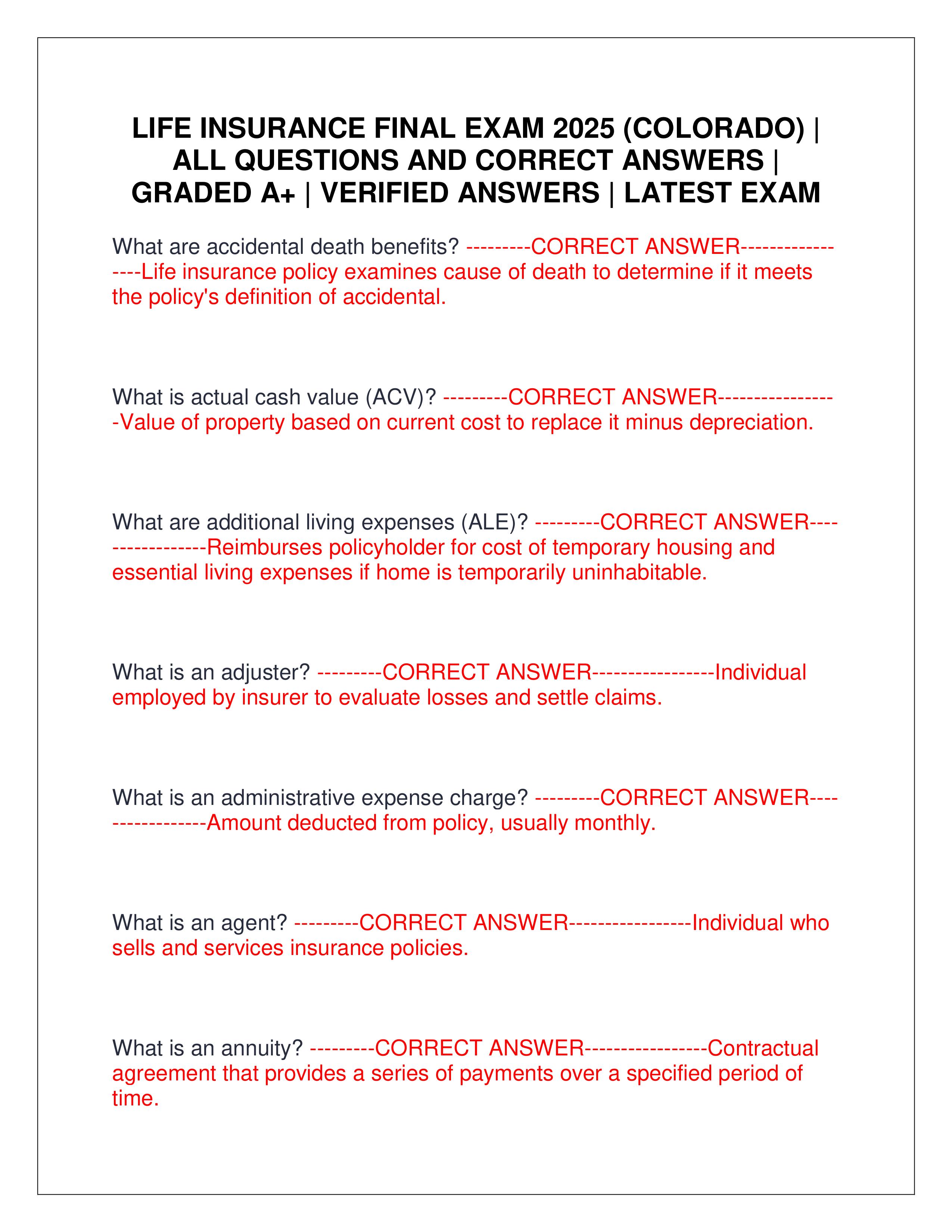 Preview of LIFE INSURANCE FINAL EXAM 2025 (COLORADO) | ALL QUESTIONS AND CORRECT ANSWERS | GRADED A+ | VERIFIED ANSWERS | LATEST EXAM