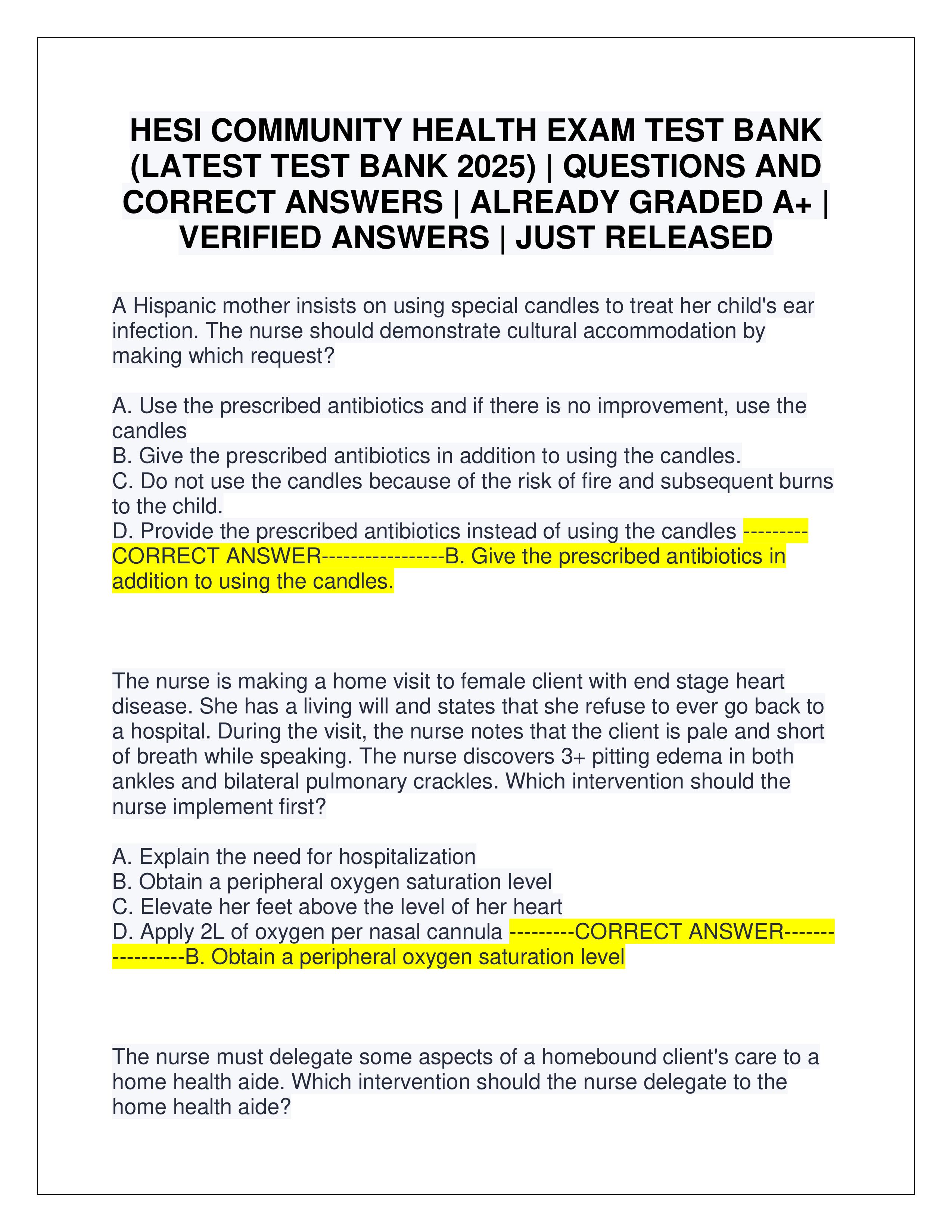 Preview of HESI COMMUNITY HEALTH EXAM TEST BANK (LATEST TEST BANK 2025) | QUESTIONS AND CORRECT ANSWERS | ALREADY GRADED A+ | VERIFIED ANSWERS | JUST RELEASED