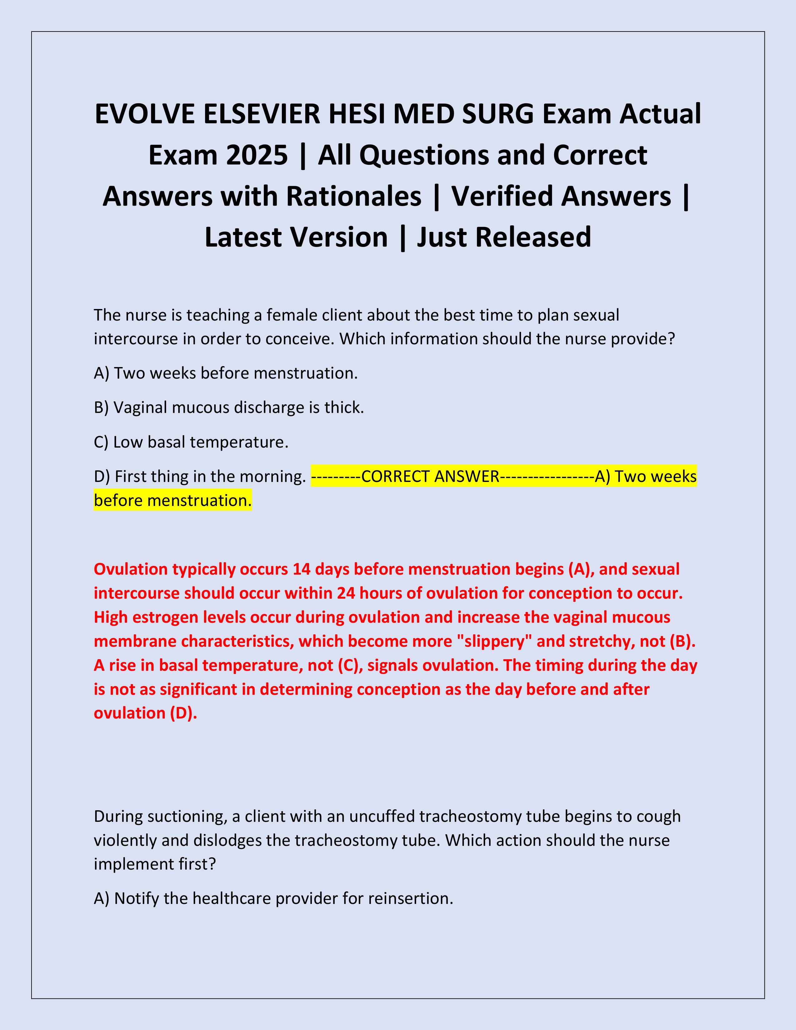 Preview of EVOLVE ELSEVIER HESI MED SURG Exam Actual Exam 2025 | All Questions and Correct Answers with Rationales | Verified Answers | Latest Version | Just Released