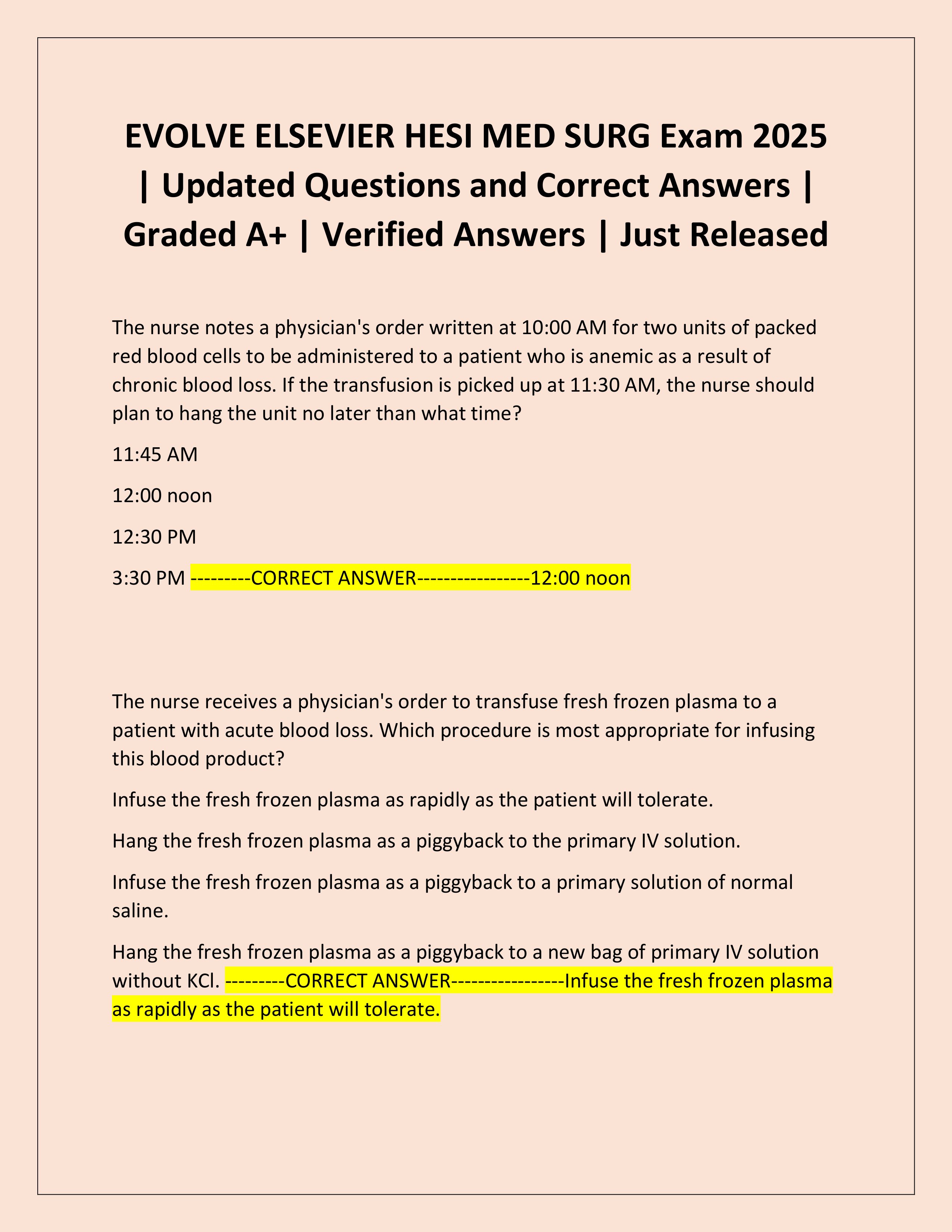 Preview of EVOLVE ELSEVIER HESI MED SURG Exam 2025 | Updated Questions and Correct Answers | Graded A+ | Verified Answers | Just Released