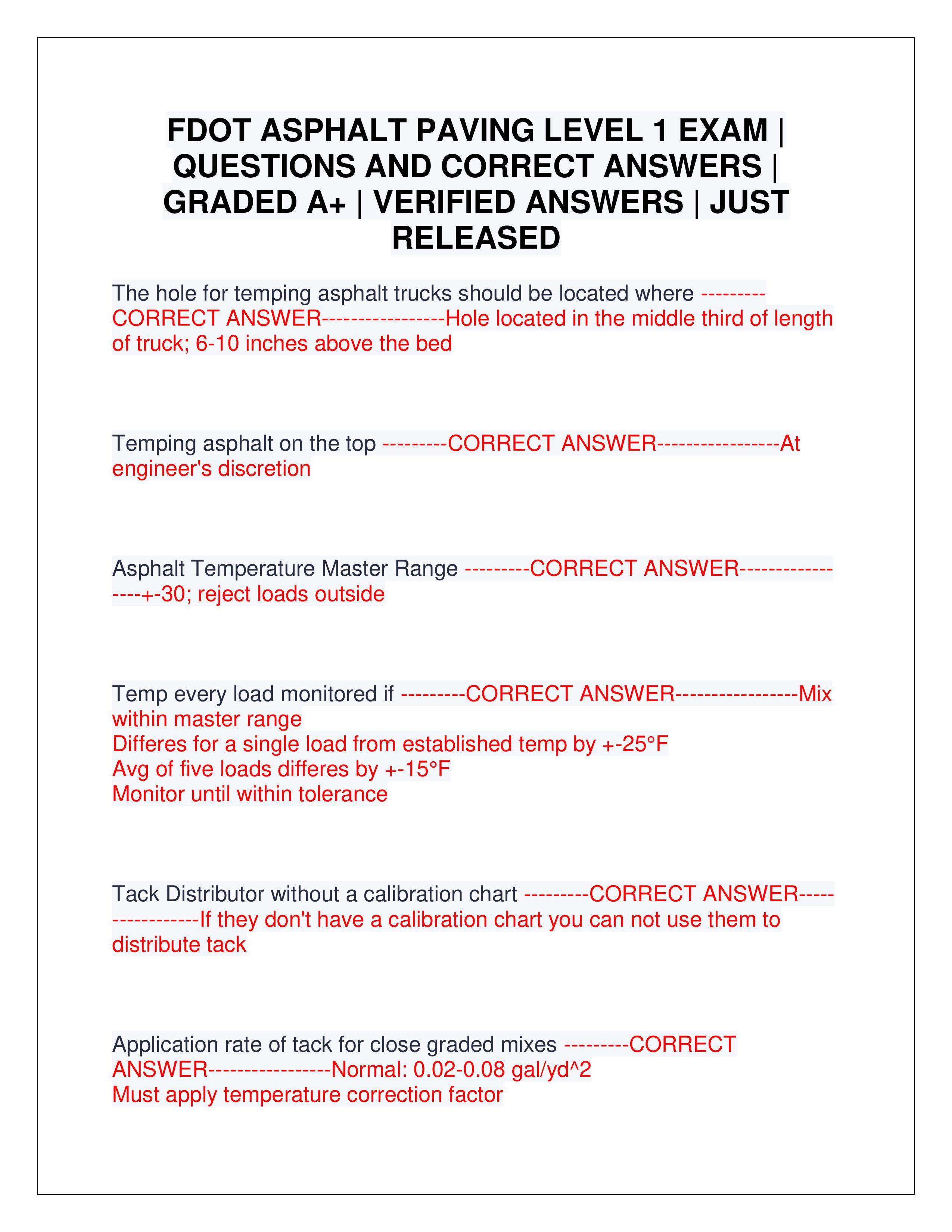 Preview of FDOT ASPHALT PAVING LEVEL 1 EXAM | QUESTIONS AND CORRECT ANSWERS | GRADED A+ | VERIFIED ANSWERS | JUST RELEASED