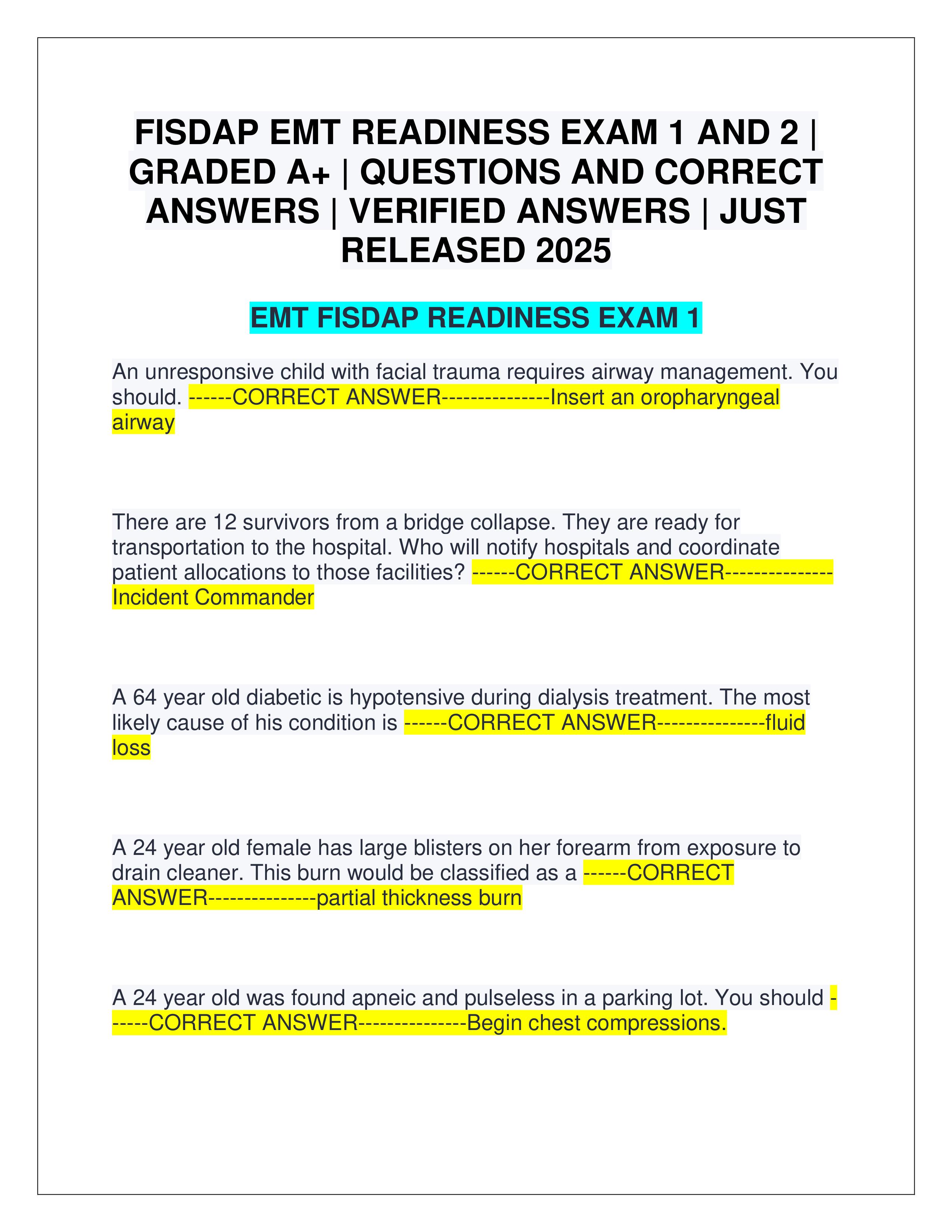 Preview of FISDAP EMT READINESS EXAM 1 AND 2 | GRADED A+ | QUESTIONS AND CORRECT ANSWERS | VERIFIED ANSWERS | JUST RELEASED 2025