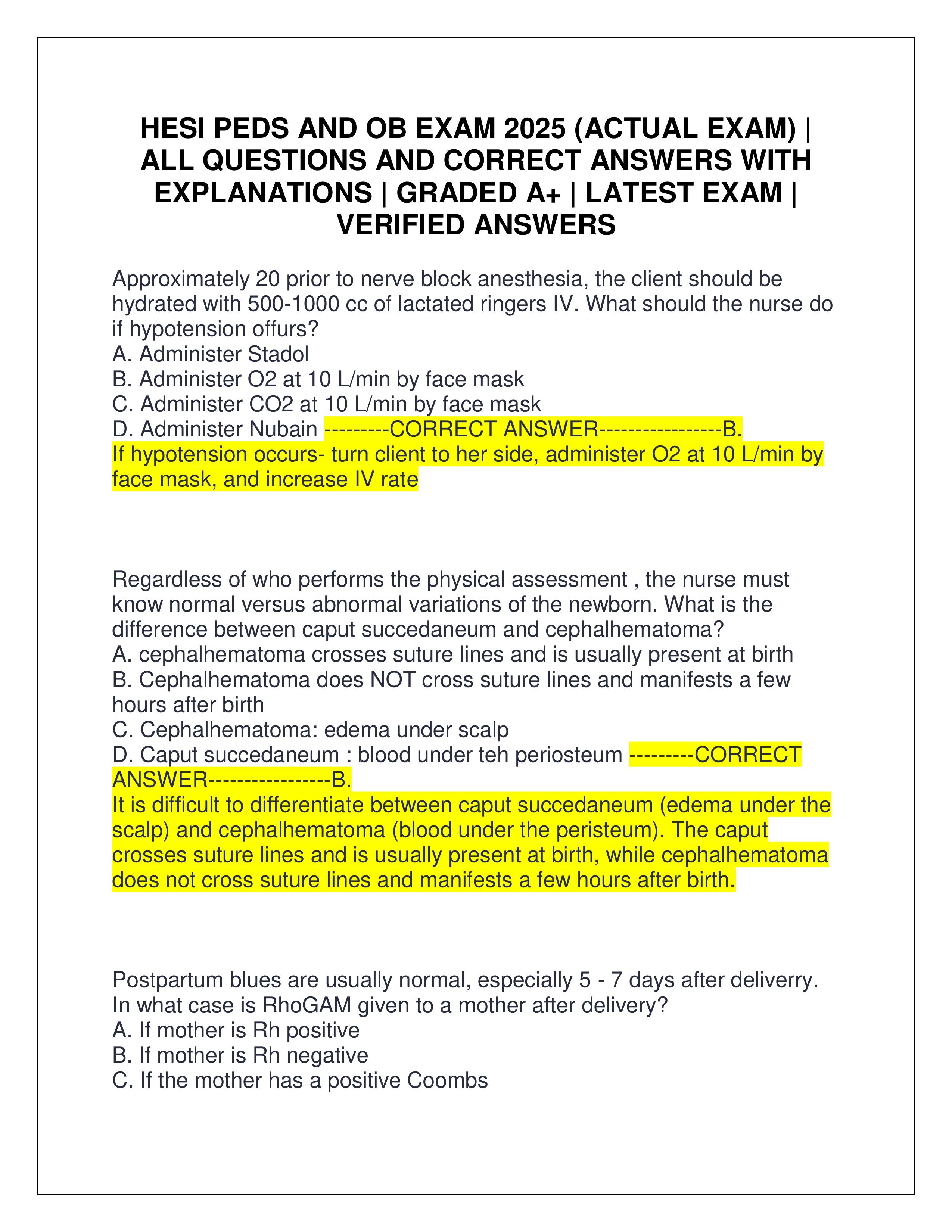 Preview of HESI PEDS AND OB EXAM 2025 (ACTUAL EXAM) | ALL QUESTIONS AND CORRECT ANSWERS WITH EXPLANATIONS | GRADED A+ | LATEST EXAM | VERIFIED ANSWERS