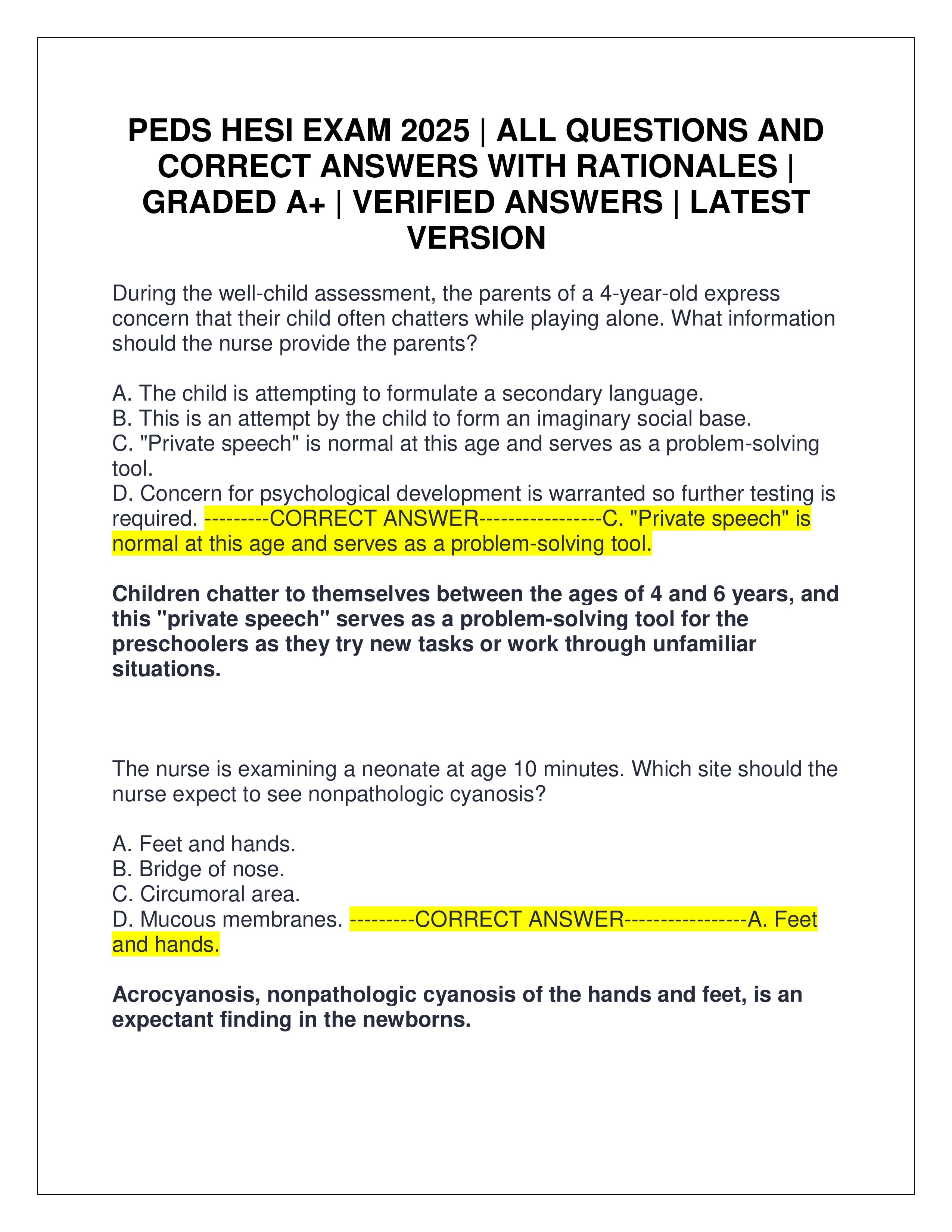 Preview of PEDS HESI EXAM 2025 | ALL QUESTIONS AND CORRECT ANSWERS WITH RATIONALES | GRADED A+ | VERIFIED ANSWERS | LATEST VERSION
